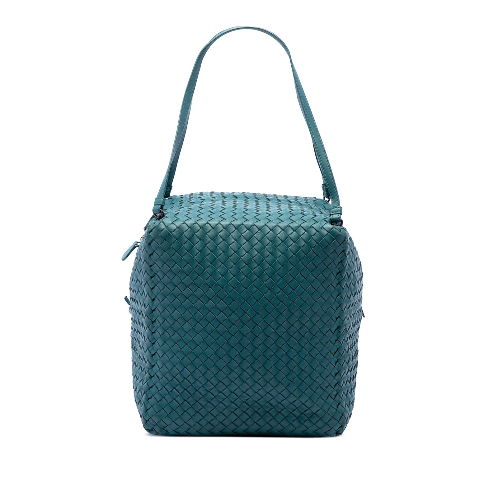 Bottega Veneta Intrecciato Cube Blue Nappa Leather Shoulder Bag: Bottega Veneta Intrecciato Cube Blue Nappa Leather Shoulder Bag Bottega Veneta shoulder bag crafted in woven nappa leather with a cube silhouette. It features flat leather shoulder straps, dual top zi