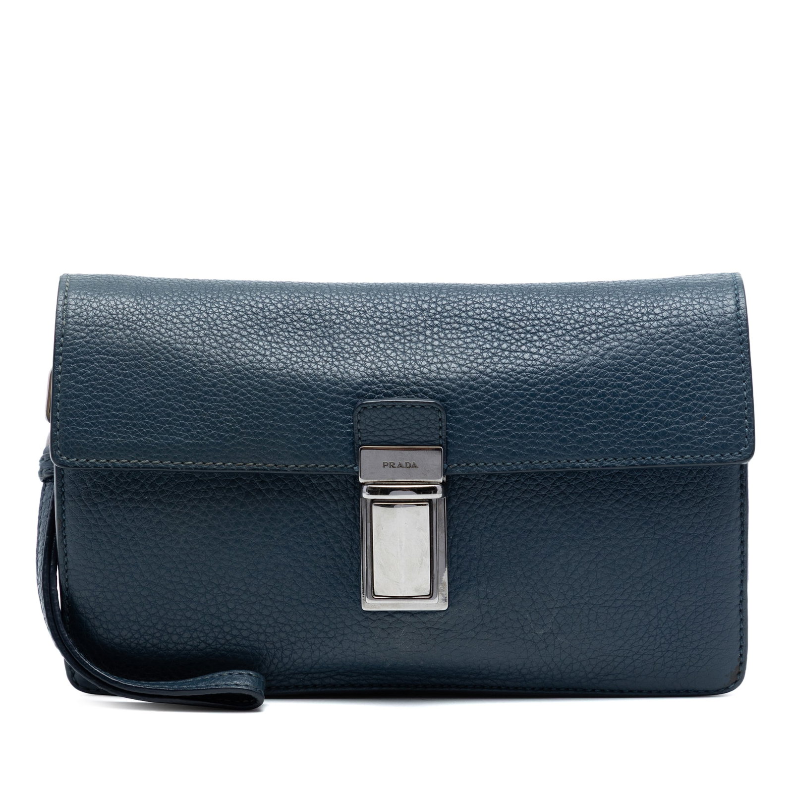 Prada Vitello Daino blue leather wristlet clutch bag: Prada Vitello Daino blue leather wristlet clutch bag Prada Vitello Daino clutch in blue leather with a flat wrist strap and front flap push-lock closure. The bag includes an exterior back slip pocket 