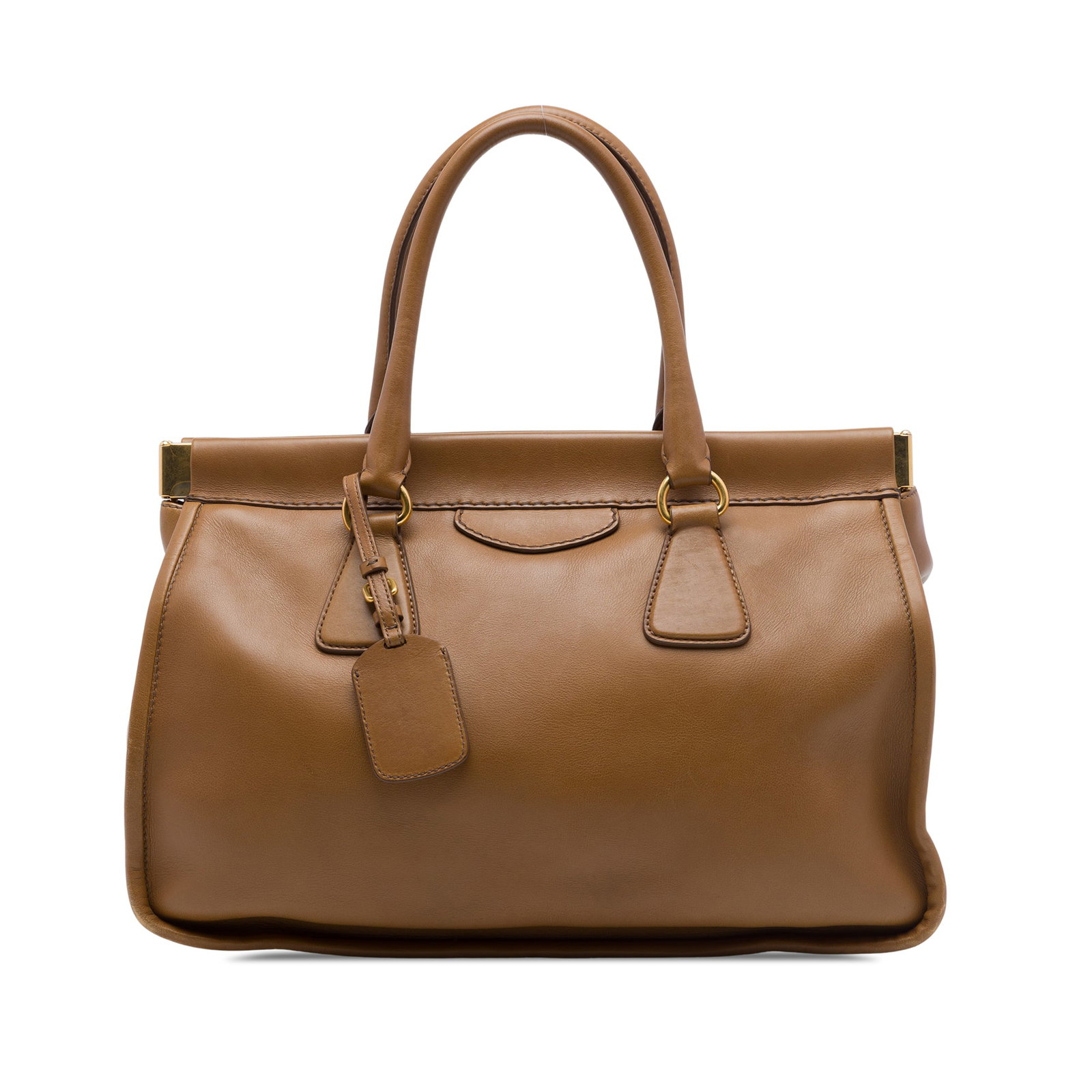 Prada City Calf Leather Frame Tote Bag Brown: Prada City Calf Leather Frame Tote Bag Brown Prada City Calf Frame Top Handle Tote in brown leather with rolled leather handles and an open top with frame closure. The interior includes zip and slip p
