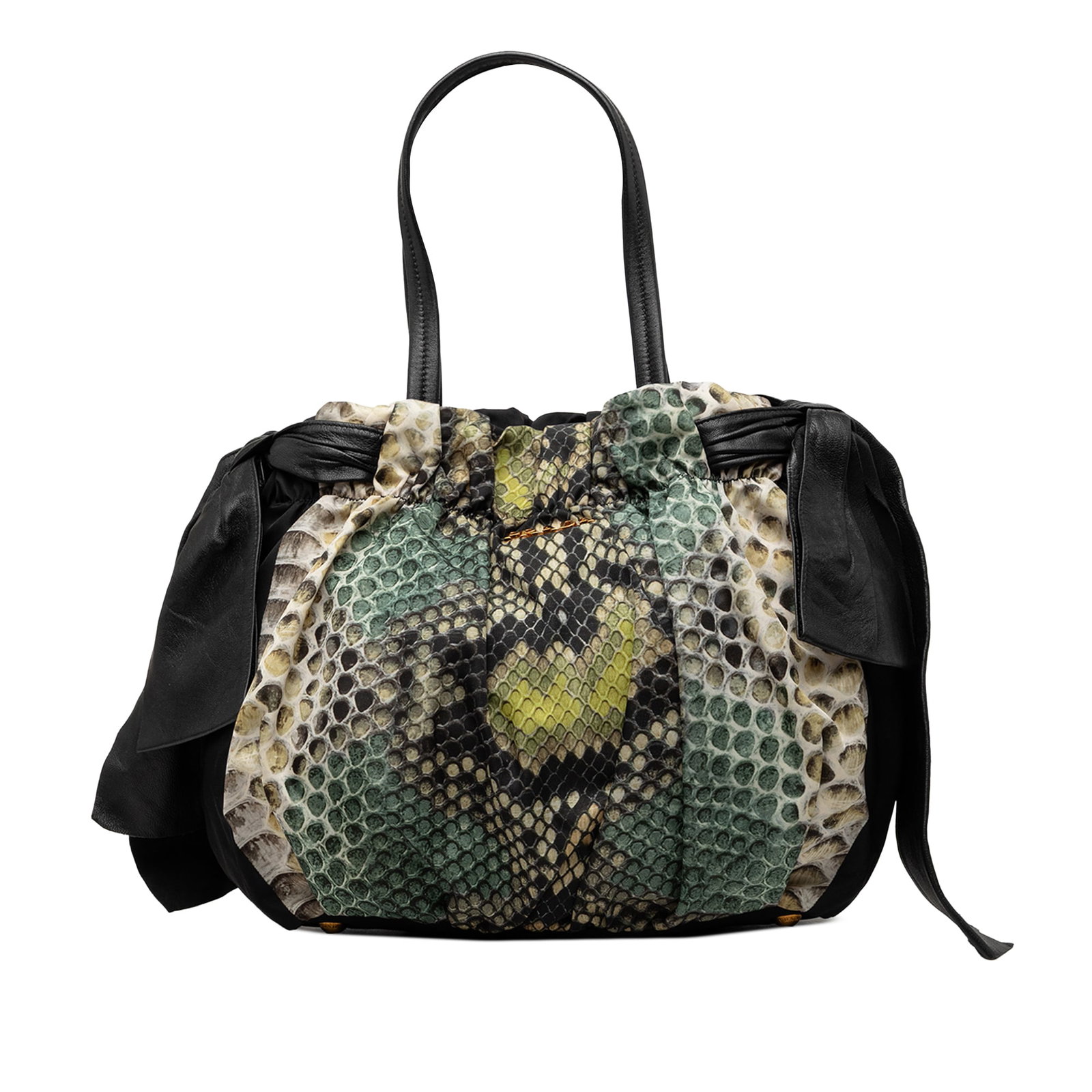 Prada Tessuto Bow Satchel in Black Nylon Python Print Leather (1 of 7)