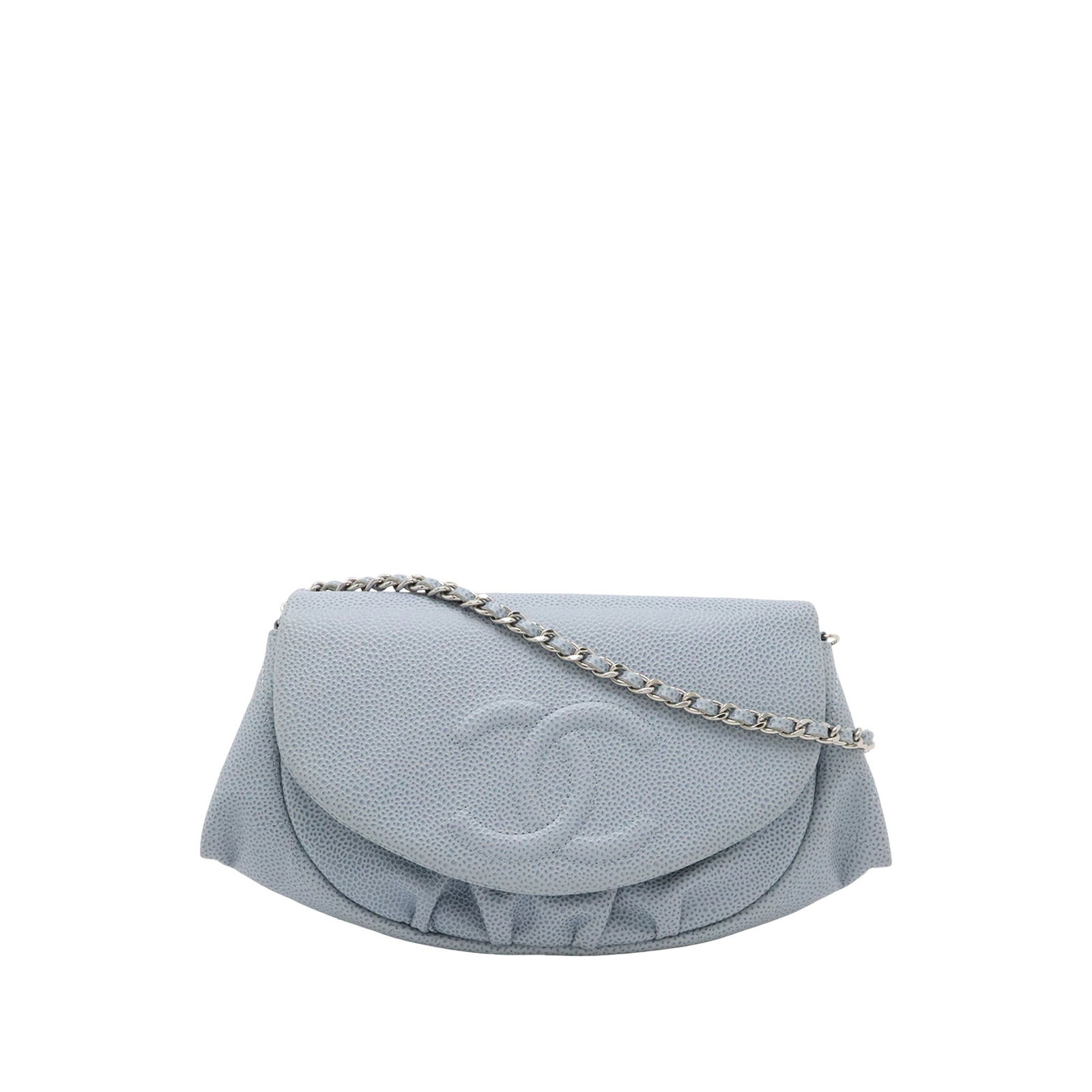 Chanel CC Half Moon Wallet on Chain Blue Caviar Leather: Chanel CC Half Moon Wallet on Chain Blue Caviar Leather Chanel CC Caviar Half Moon Wallet on Chain in blue caviar leather with a silver-tone leather-woven chain strap and front flap magnetic snap clos