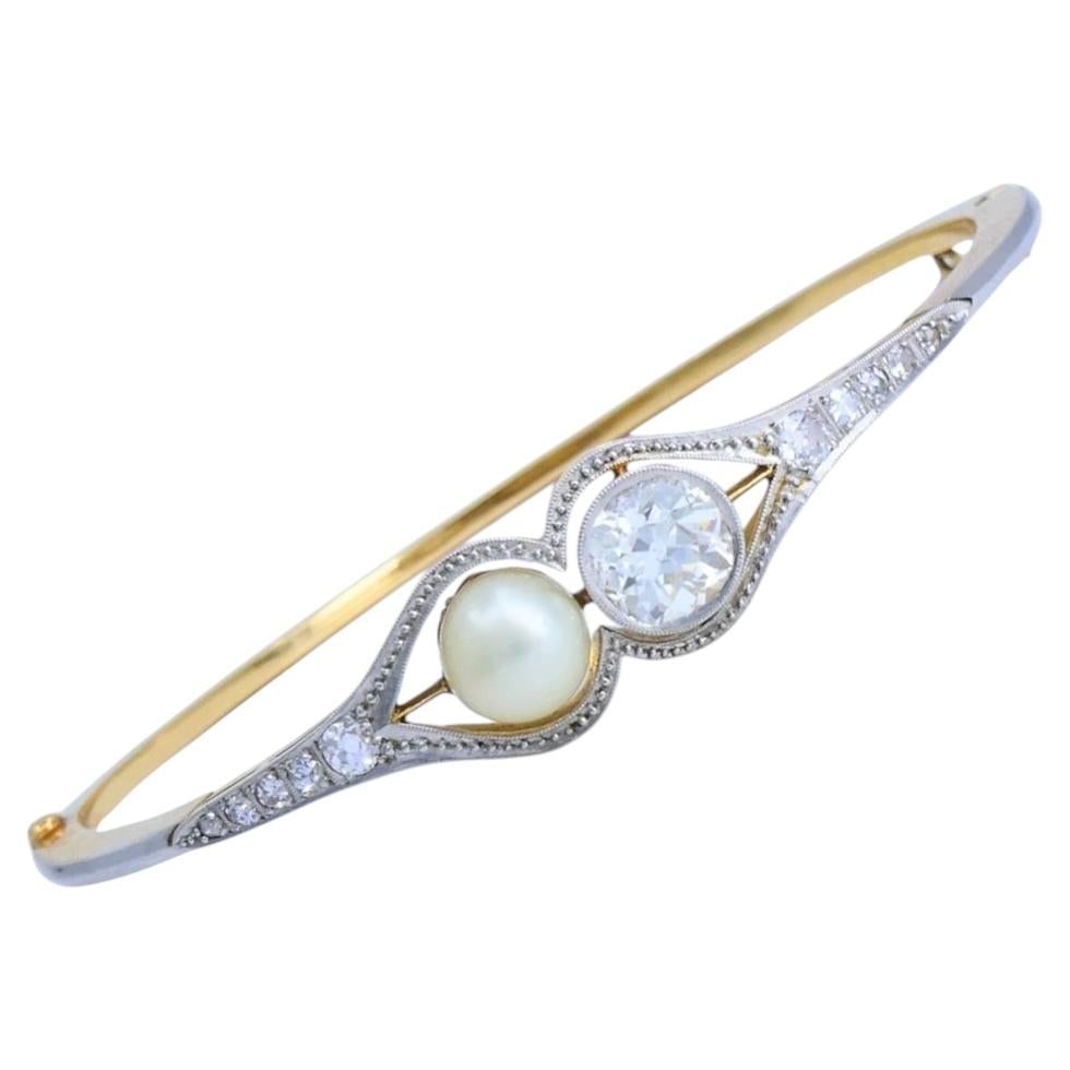 Edwardian 18K Gold Platinum Diamond Pearl Filigree Bracelet (1 of 7)