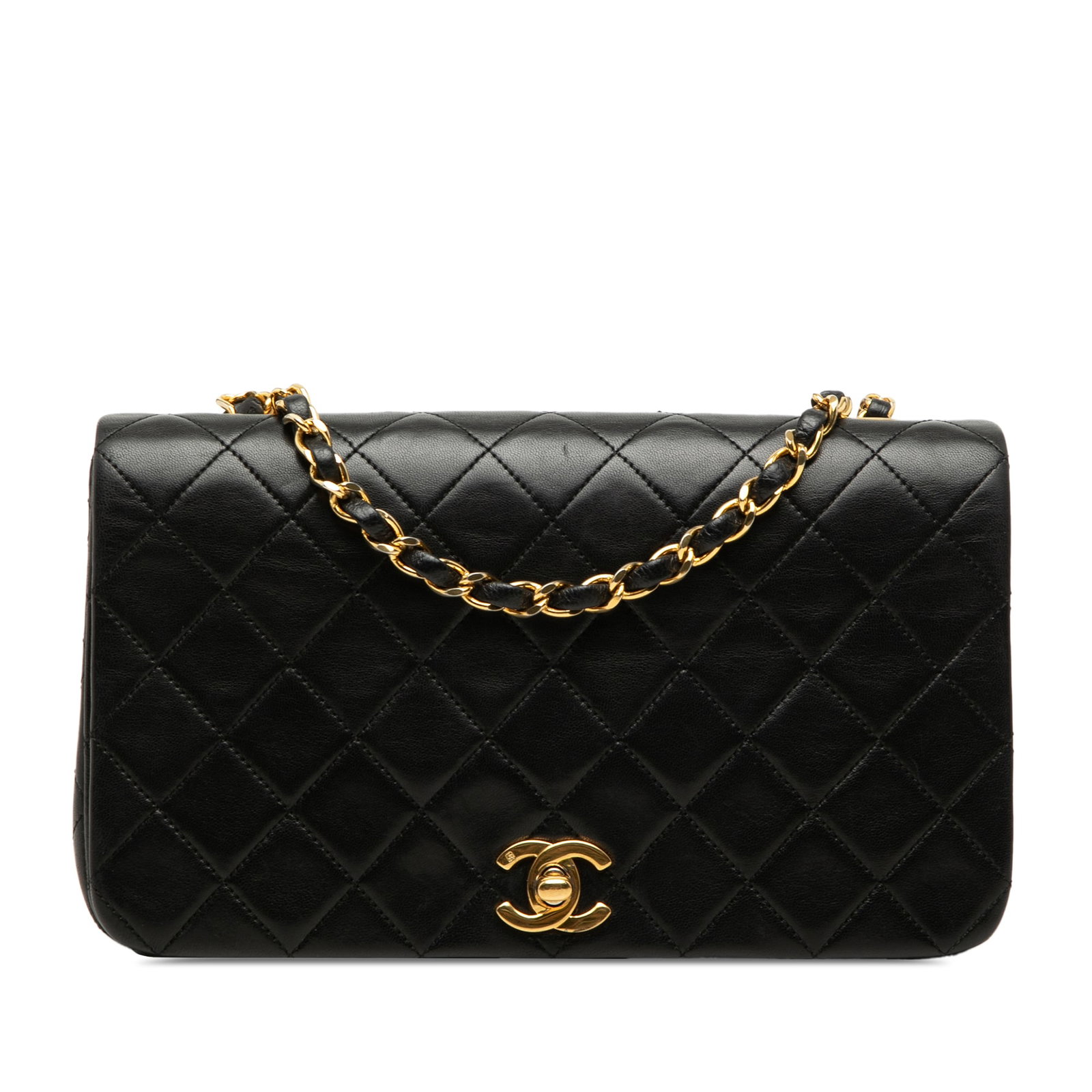Chanel Medium Full Flap Crossbody Bag in Black Quilted Lambskin: Chanel Medium Full Flap Crossbody Bag in Black Quilted Lambskin Medium Chanel Full Flap crossbody bag in black quilted lambskin leather. This bag features a leather-woven chain strap, a front flap wit