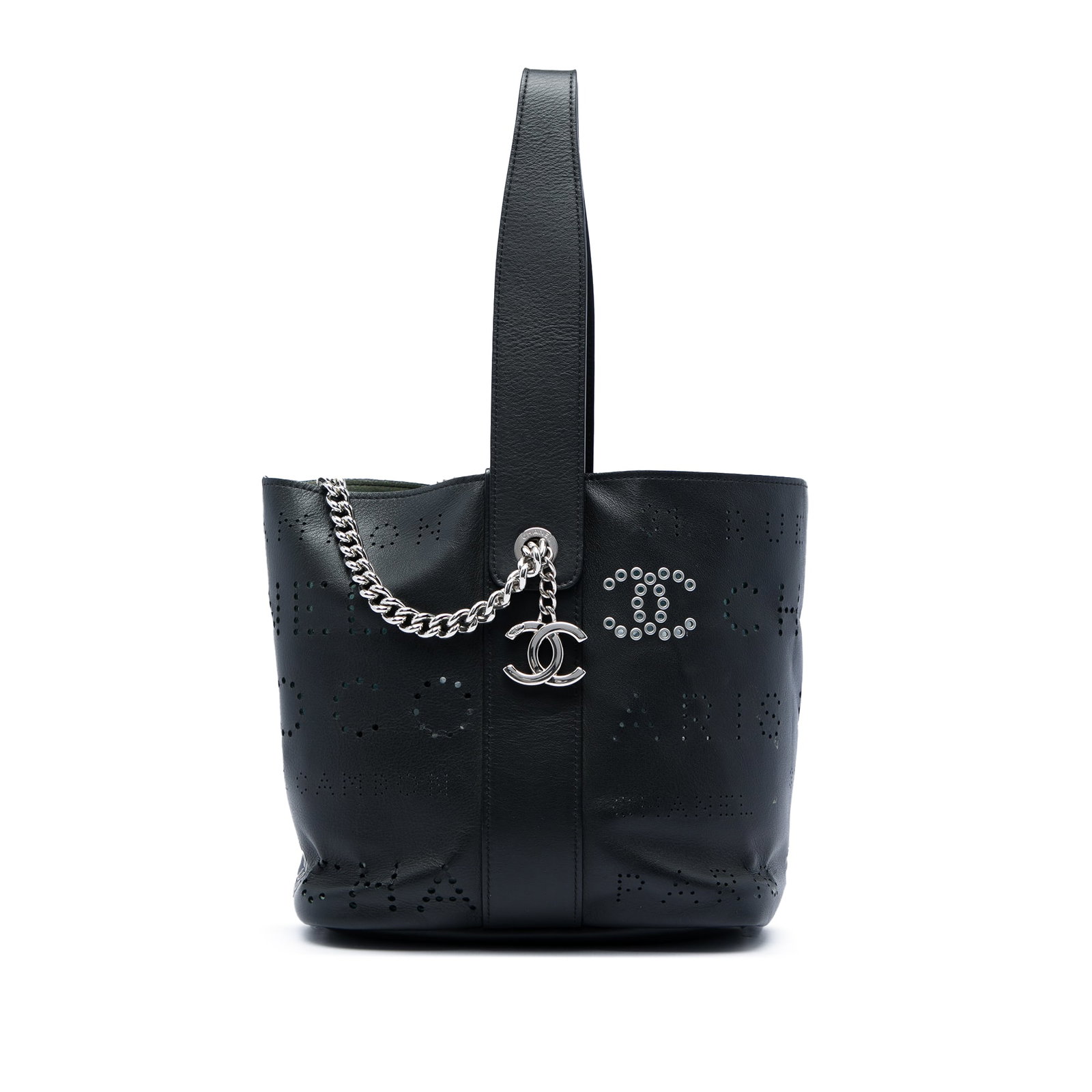 Chanel Eyelet Logo Bucket Bag Small Perforated Calfskin Black: Chanel Eyelet Logo Bucket Bag Small Perforated Calfskin Black Small Chanel bucket bag crafted in perforated calfskin leather with logo eyelet and grommet detailing. The design features a flat leather 