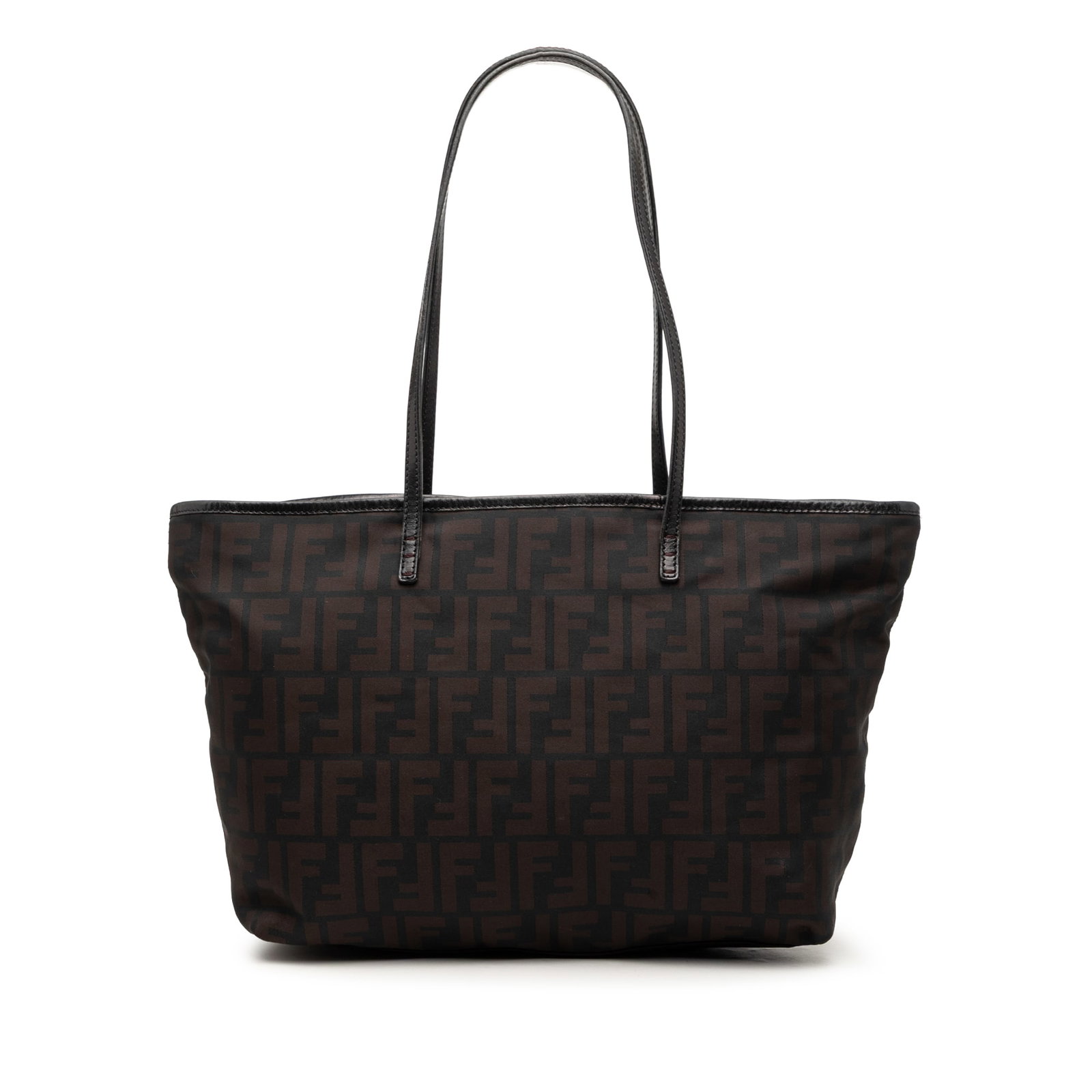 Fendi Zucca Small Roll Tote in Black Nylon: Fendi Zucca Small Roll Tote in Black Nylon Fendi Small Zucca Nylon Roll Tote from Italy, presented in black fabric with a nylon body, leather trim, flat leather straps, a top zip closure, and an inter