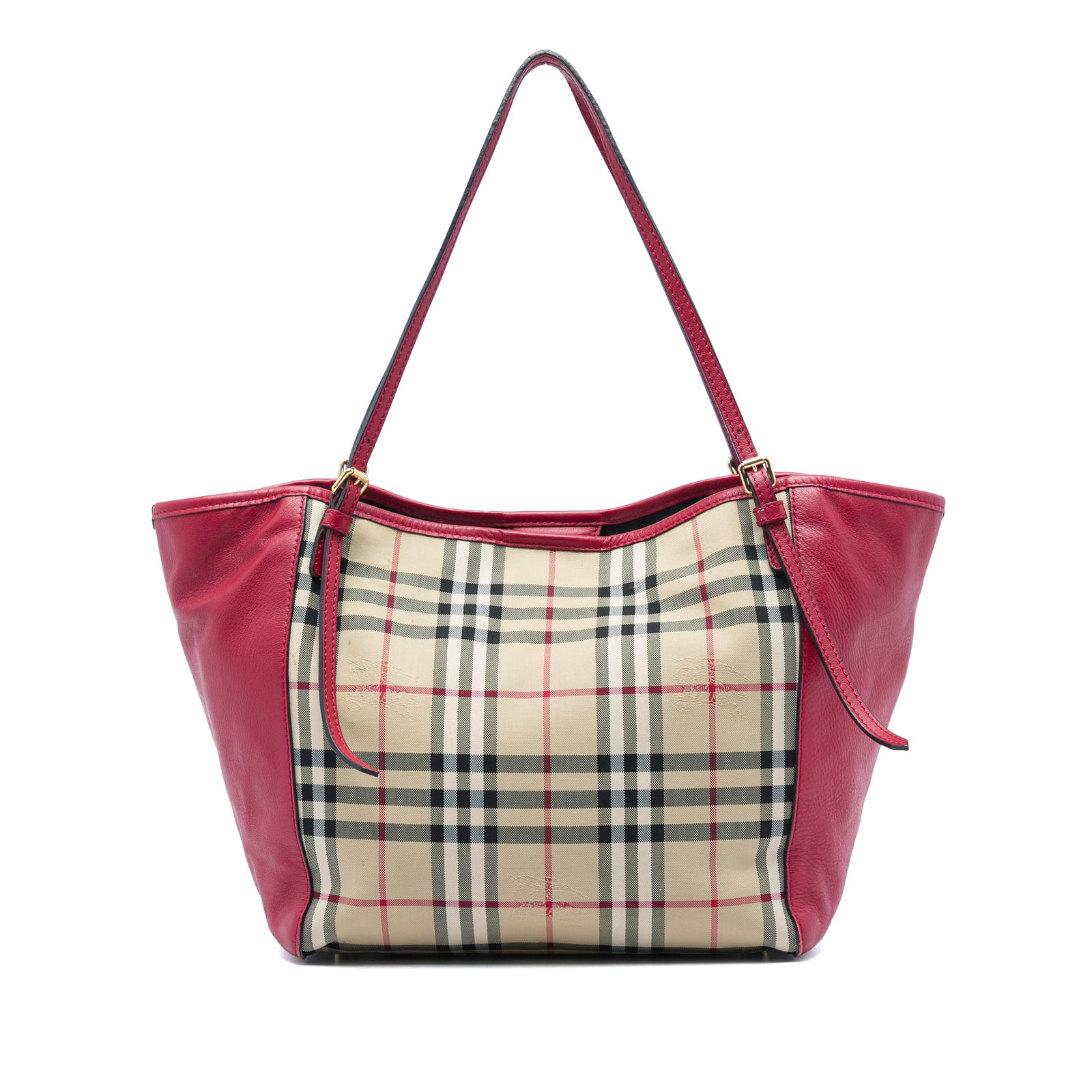 Burberry Canterbury Small Tote in Haymarket Check Canvas Leather: Burberry Canterbury Small Tote in Haymarket Check Canvas Leather Small Canterbury tote bag in Haymarket check canvas with leather side panels and adjustable flat leather straps. The open top has snap 