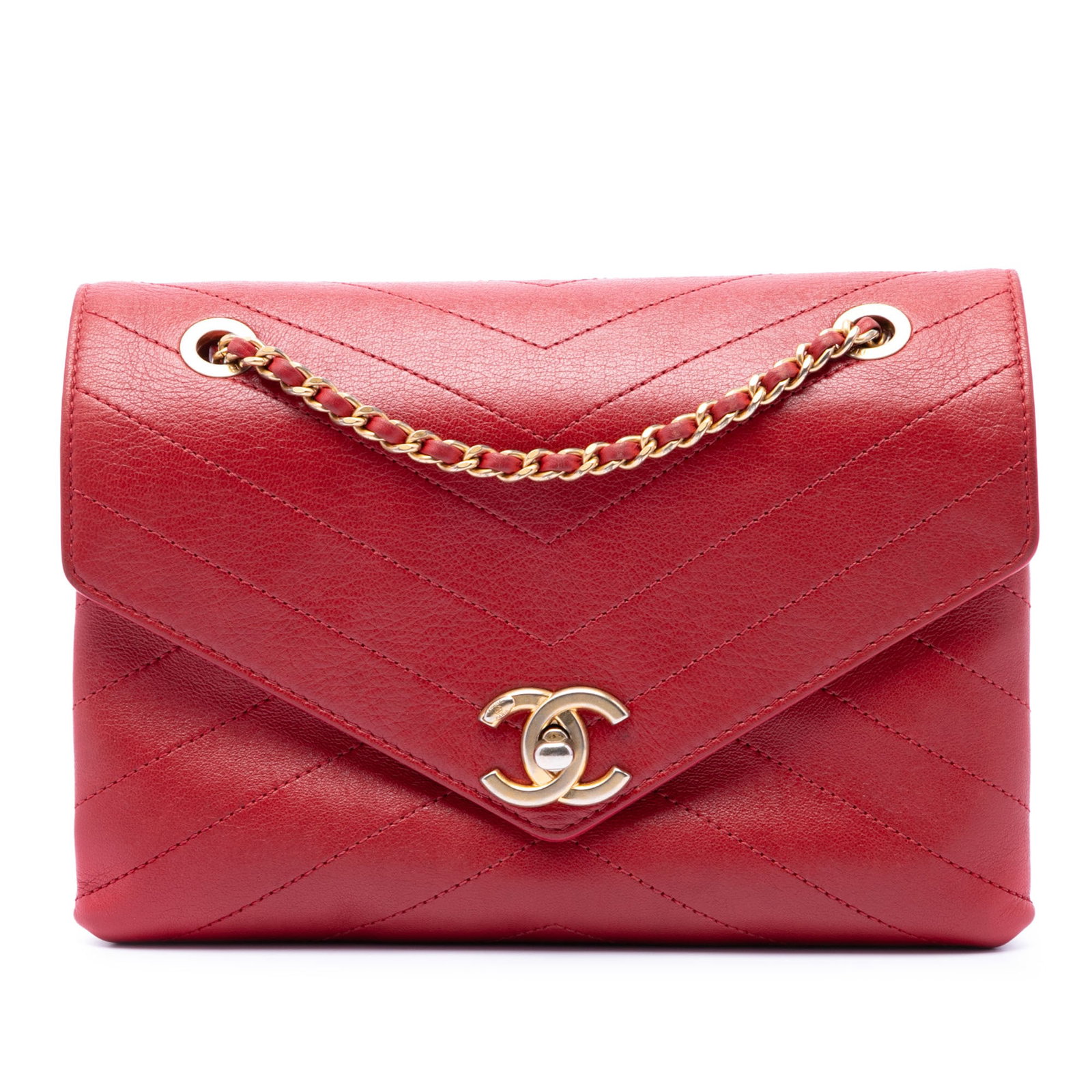 Chanel Small CC Envelope Flap Chevron Calfskin Crossbody Bag: Chanel Small CC Envelope Flap Chevron Calfskin Crossbody Bag Small Chanel CC Chevron Envelope Flap crossbody bag in red calfskin leather. It features a leather-woven chain link strap with a leather sh