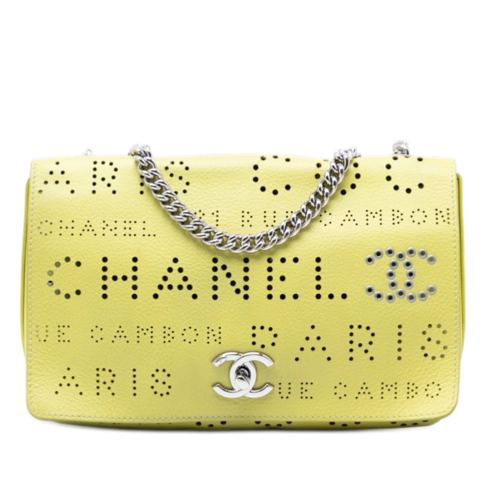 Chanel Yellow Perforated Leather Shoulder Bag with CC Flap Closure: Chanel Yellow Perforated Leather Shoulder Bag with CC Flap Closure This Chanel Perforated Calfskin Logo Eyelet Flap shoulder bag features a perforated leather body in yellow, complemented by leather a