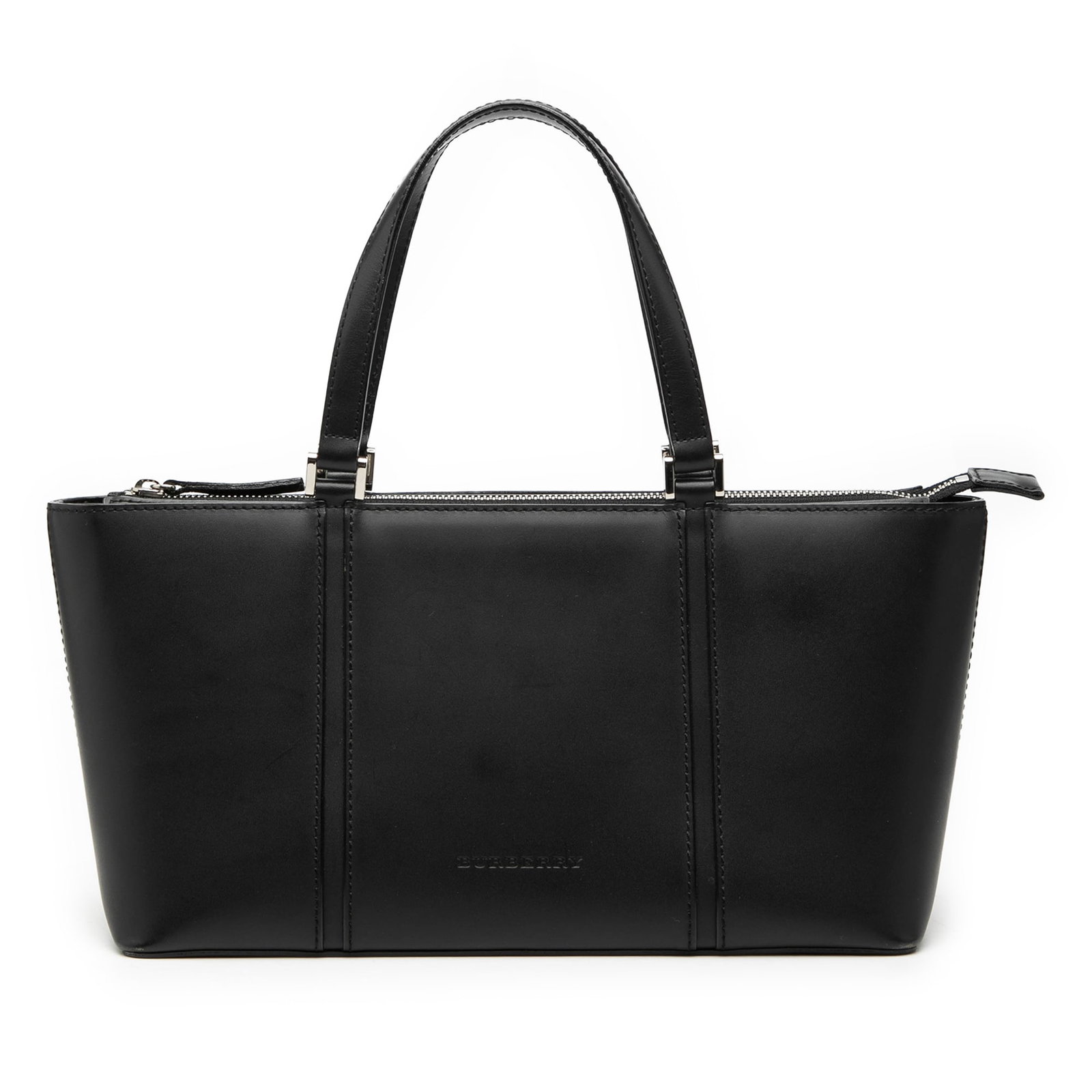Burberry black leather zip top handbag with interior pockets: Burberry black leather zip top handbag with interior pockets Black leather Burberry handbag with flat leather handles, a top zip closure, and an interior with zip and slip pockets. Condition is rated 
