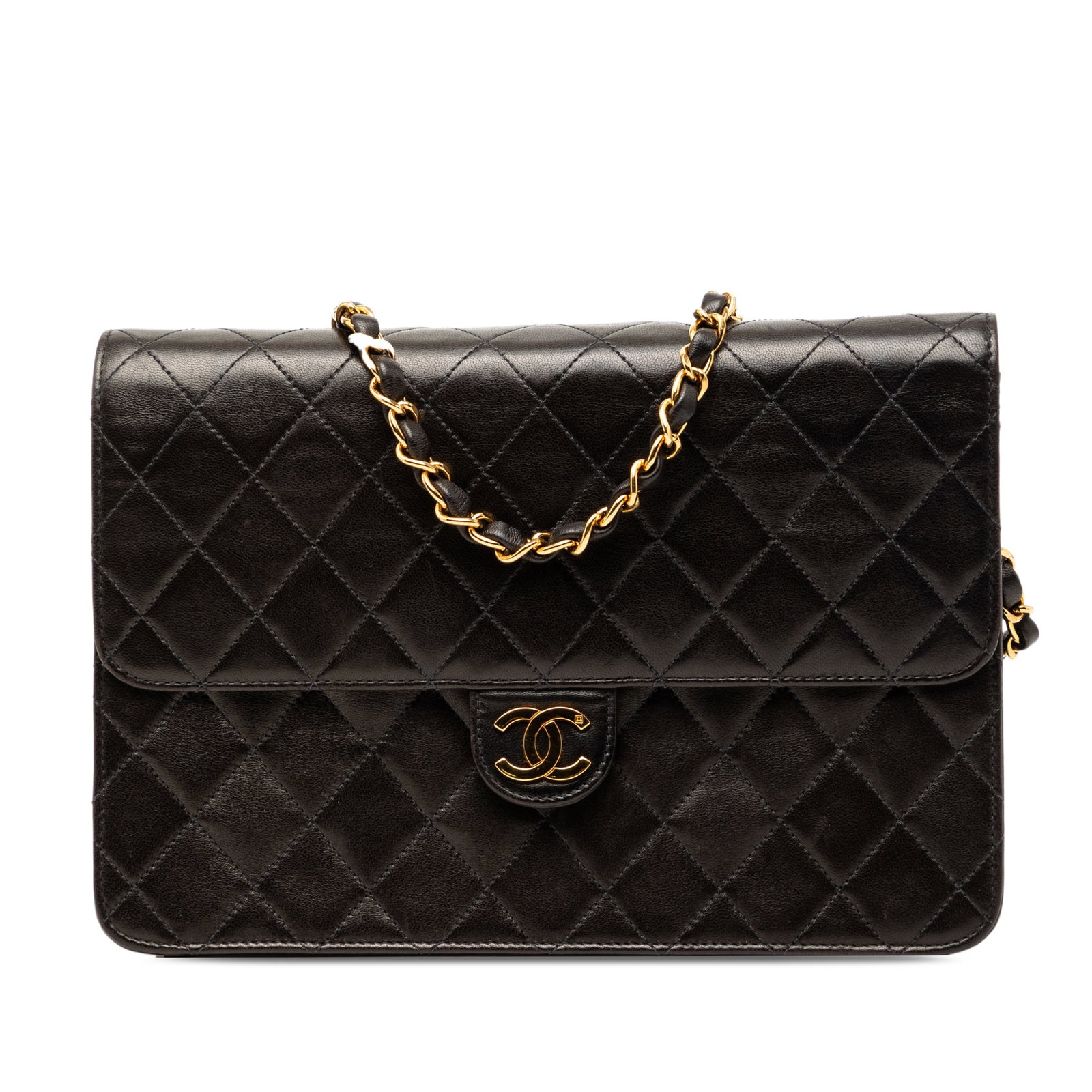 Chanel Black Quilted Lambskin Leather Shoulder Bag with Chain Strap: Chanel Black Quilted Lambskin Leather Shoulder Bag with Chain Strap This Chanel CC Quilted Lambskin Single Flap shoulder bag features a black quilted lambskin leather body, a leather-woven chain strap