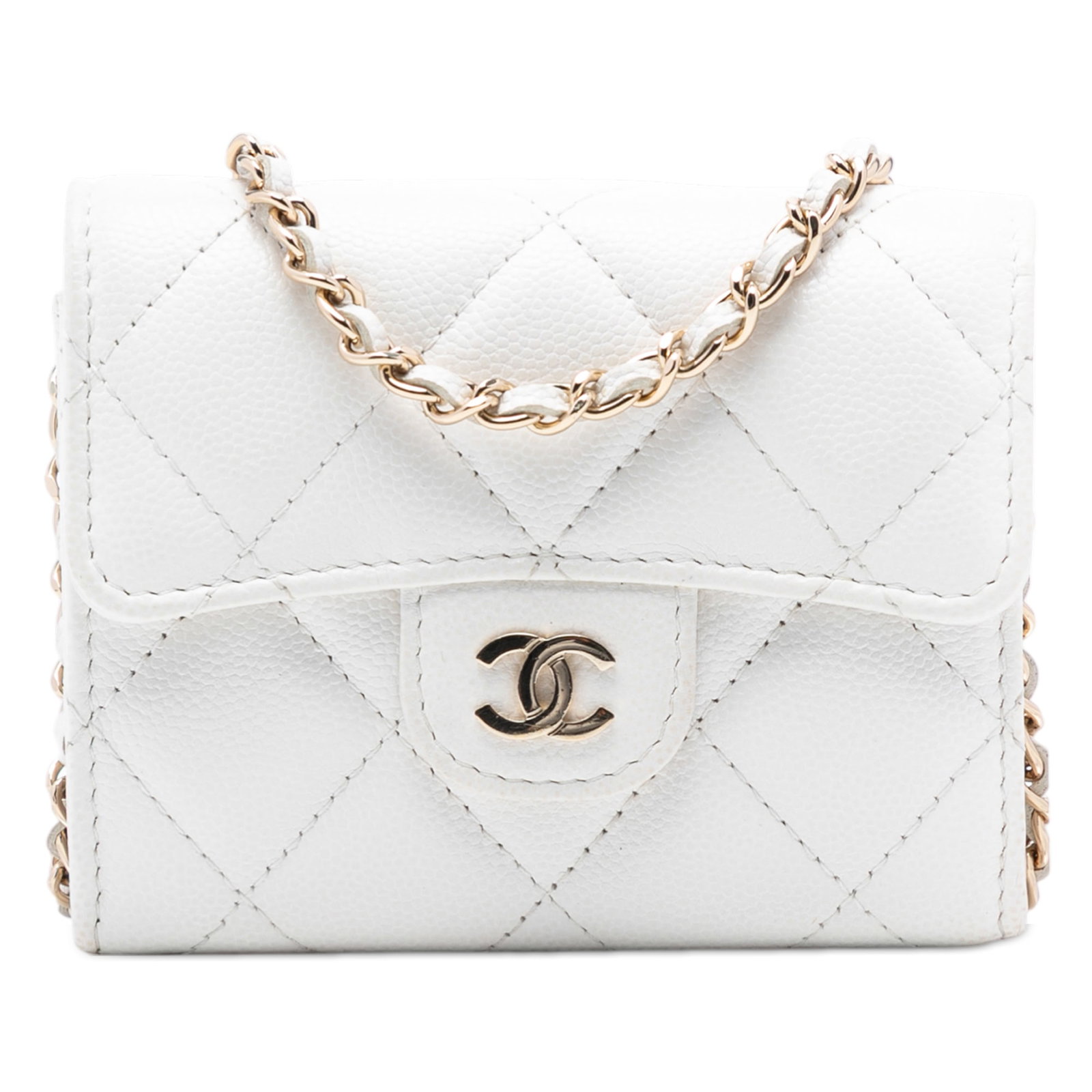 White Caviar Leather Chanel Card Holder on Chain with Quilted Flap: White Caviar Leather Chanel Card Holder on Chain with Quilted Flap This Chanel CC Quilted Caviar Flap Card Holder with Chain features a quilted caviar leather body in white, a leather-woven chain stra