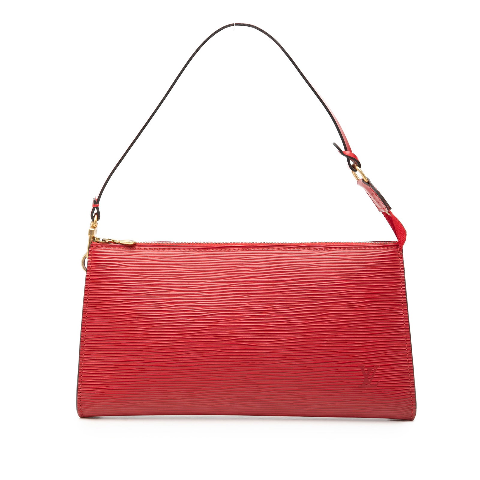 Louis Vuitton Epi Pochette Accessoires Red Leather Shoulder Bag: Louis Vuitton Epi Pochette Accessoires Red Leather Shoulder Bag Louis Vuitton Epi Pochette Accessoires in red leather with a flat shoulder strap and top zip closure. Made in France. Condition B+ with 