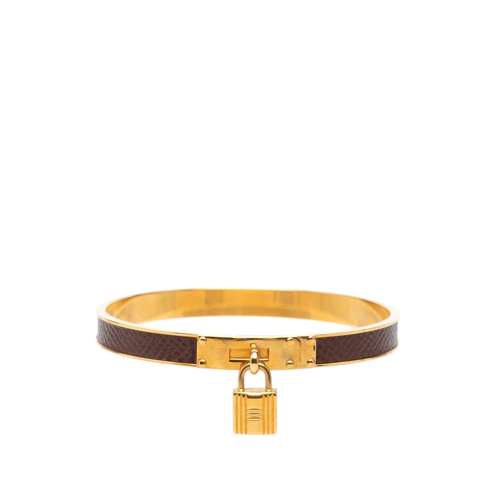 Hermes Kelly Cadena Lock Bangle Bracelet Gold Plated Epsom: Hermes Kelly Cadena Lock Bangle Bracelet Gold Plated Epsom Hermes Kelly Cadena Lock bangle bracelet crafted with a gold-plated metal and leather body. This bracelet is made in France and shows scratch