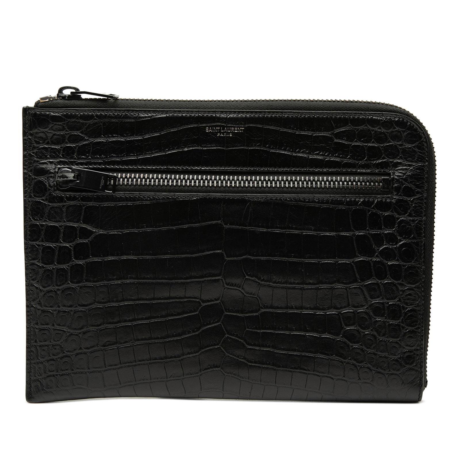 Saint Laurent black croc embossed leather zip clutch bag: Saint Laurent black croc embossed leather zip clutch bag Saint Laurent croc embossed leather clutch in black with a top zip closure, an exterior zip pocket, and interior slip pockets. Includes the dus