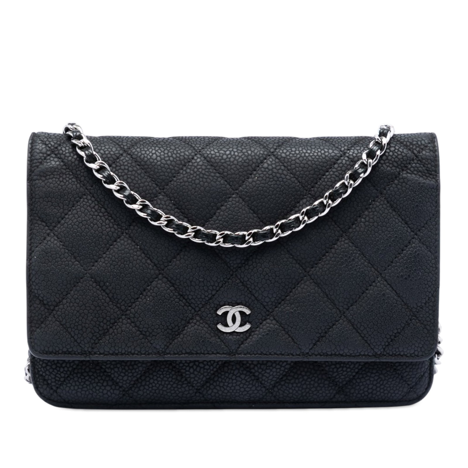 Chanel black caviar leather chain wallet flap bag: Chanel black caviar leather chain wallet flap bag This Chanel CC Quilted Caviar Wallet on Chain is crafted from black quilted caviar leather and features a silver-tone woven chain strap. The design in