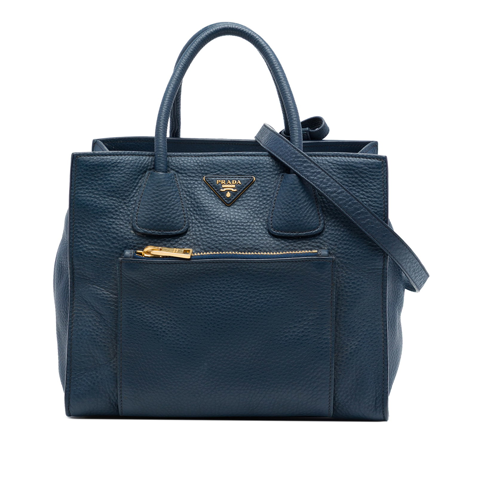 Prada Vitello Daino Leather Satchel Blue Convertible Tote: Prada Vitello Daino Leather Satchel Blue Convertible Tote Prada Vitello Daino Front Pocket Open Convertible Tote in blue leather. This satchel features rolled leather handles, a detachable flat strap,