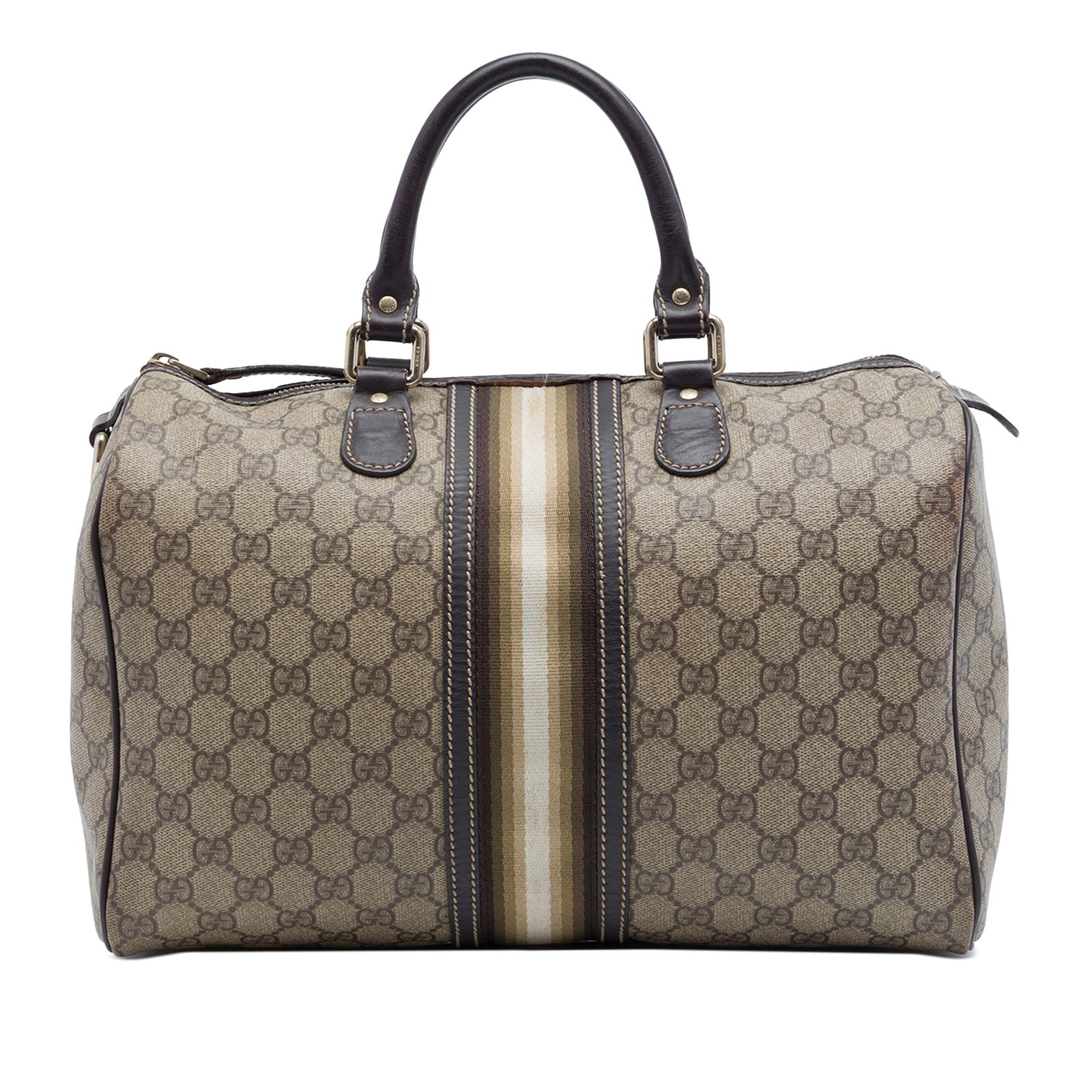 Gucci Joy Web Medium Boston Bag in GG Supreme Canvas: Gucci Joy Web Medium Boston Bag in GG Supreme Canvas Gucci Medium GG Supreme Joy Web Boston Bag with a coated canvas body, leather trim, and web detailing. It features rolled leather handles, a top zi