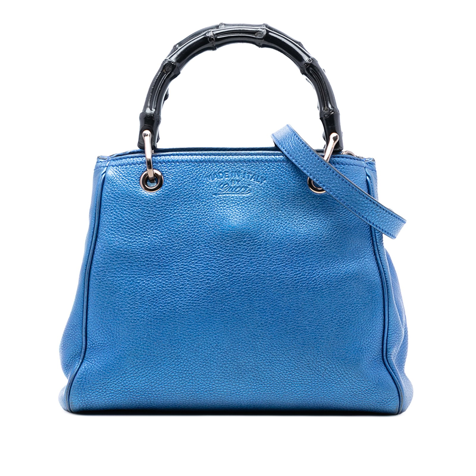 Gucci Bamboo Shopper Small Blue Metallic Leather Satchel with Top Handles: Gucci Bamboo Shopper Small Blue Metallic Leather Satchel with Top Handles This Gucci Small Metallic Calfskin Bamboo Shopper Satchel features a metallic leather body with distinctive bamboo top handles