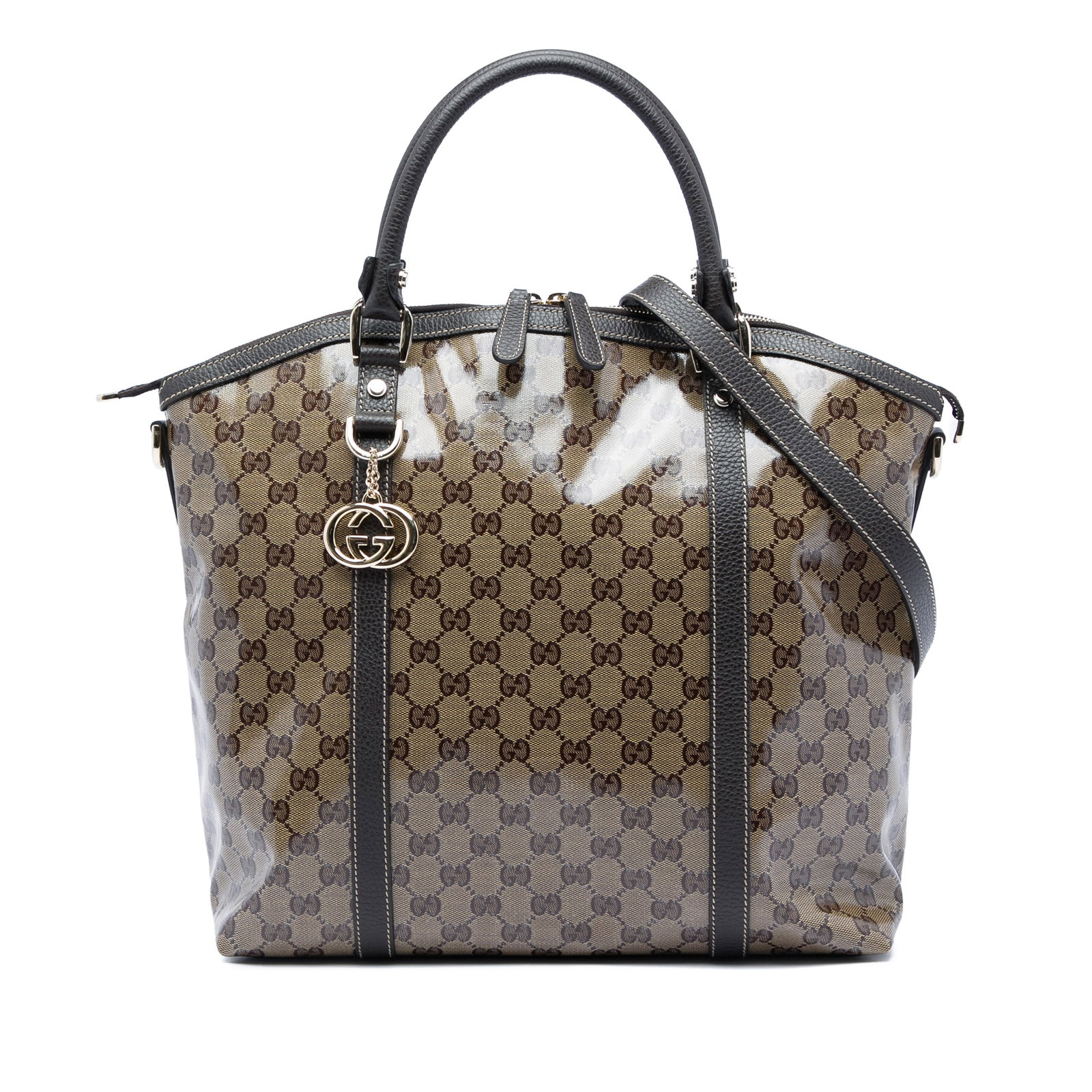 Gucci GG Crystal Charm Dome Satchel in Beige Coated Canvas: Gucci GG Crystal Charm Dome Satchel in Beige Coated Canvas Gucci Large GG Crystal Charm Dome Satchel crafted with a coated canvas body and leather trim. This satchel features rolled leather handles, a