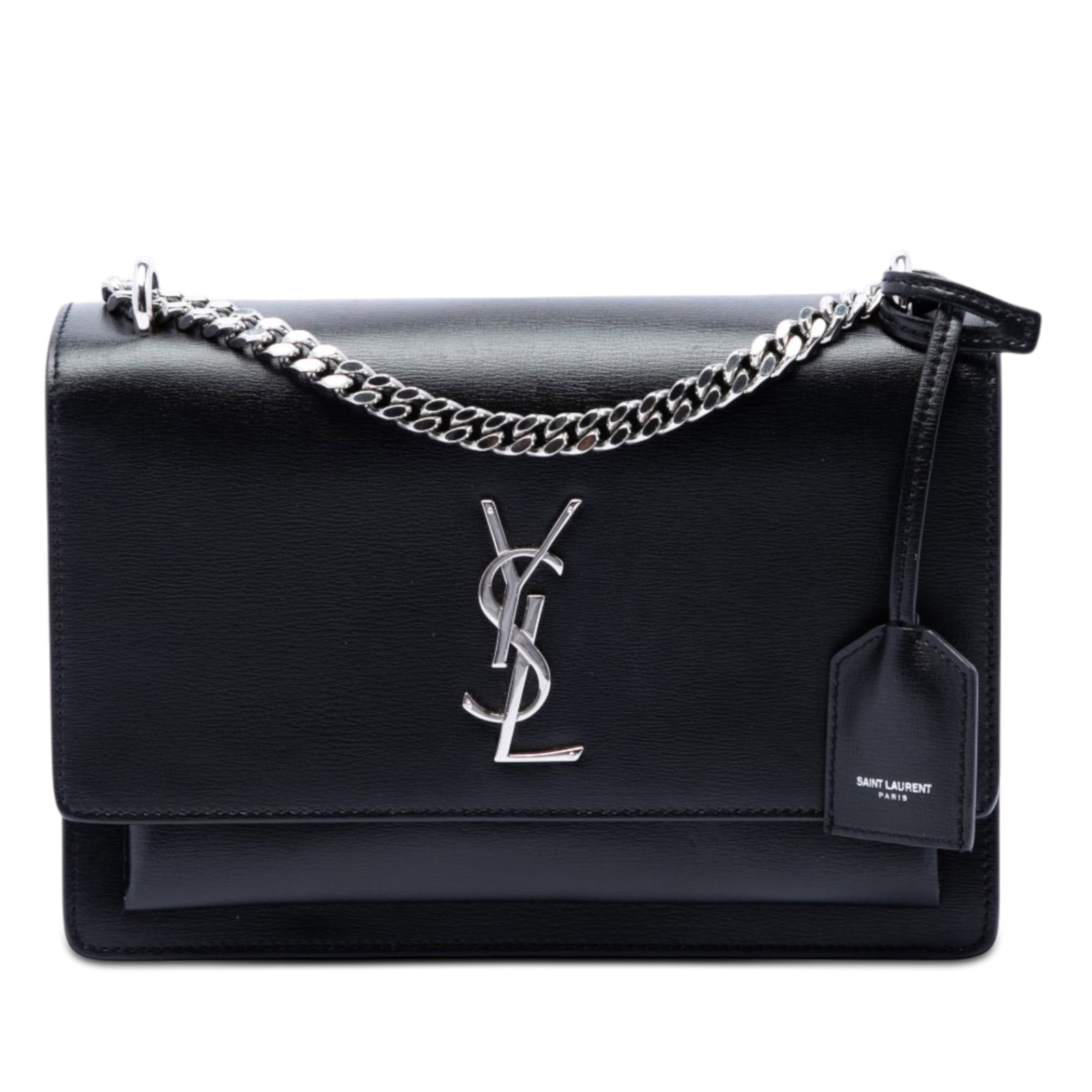 Saint Laurent Sunset Medium Monogram Leather Crossbody Bag: Saint Laurent Sunset Medium Monogram Leather Crossbody Bag Saint Laurent Medium Calfskin Monogram Sunset Crossbody crafted in black leather. The bag features a chain link shoulder strap with a leather