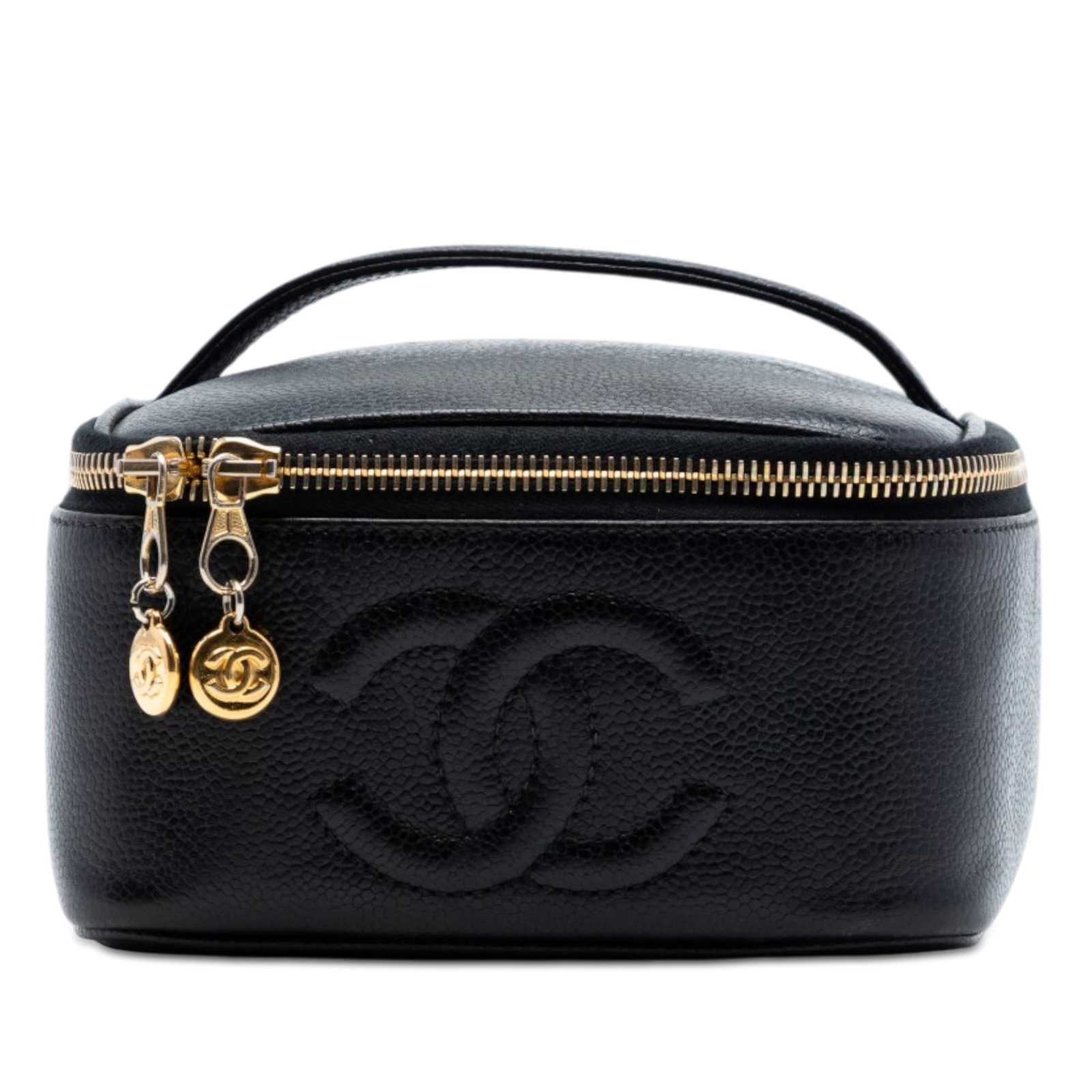 Chanel CC Vanity Case in Black Caviar Leather: Chanel CC Vanity Case in Black Caviar Leather Black Chanel CC Caviar Vanity Case crafted in caviar leather with a structured body, flat top handle, and zip-around closure. Made in Italy. Condition B+ 