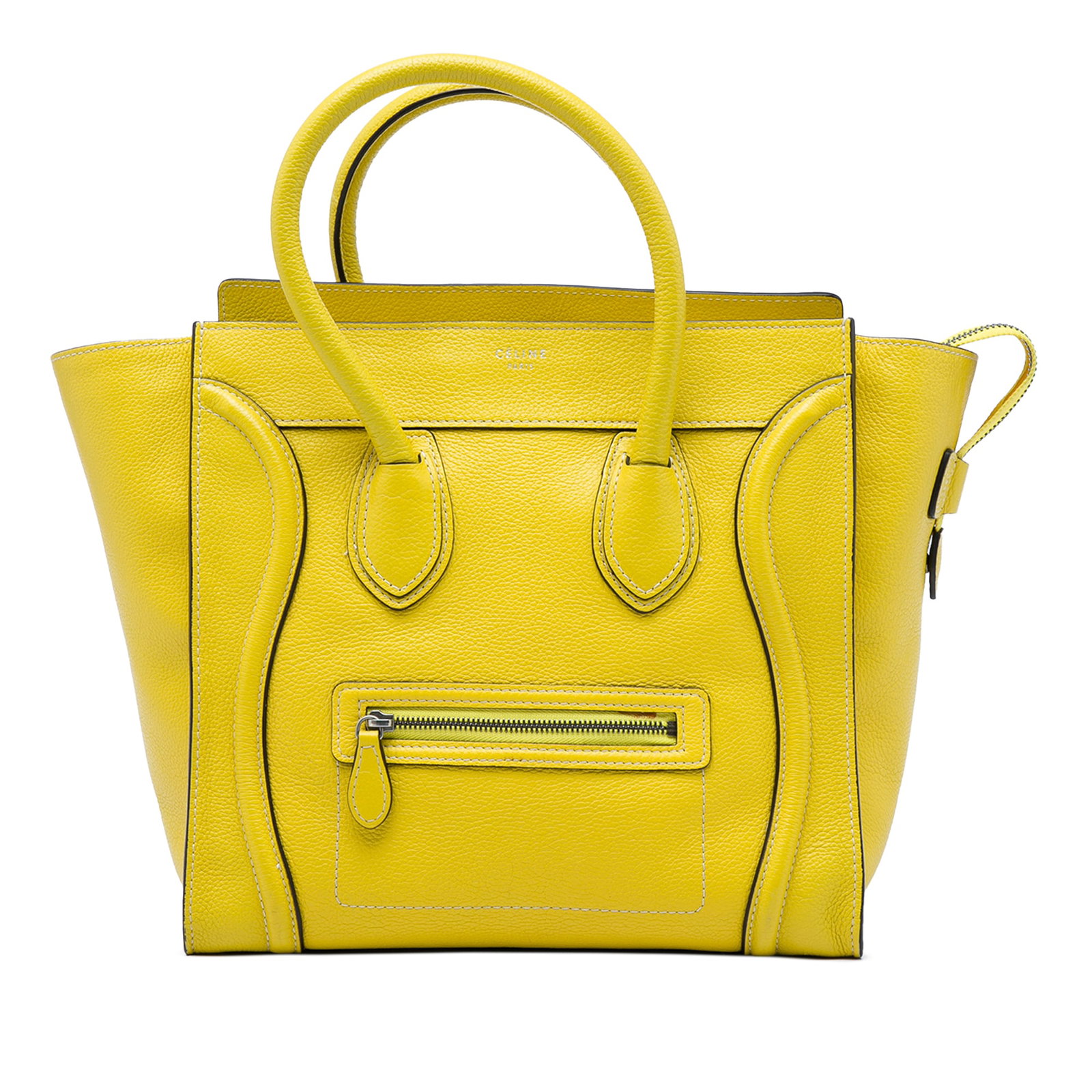 Celine Mini Luggage Tote Yellow Calfskin Leather Handbag: Celine Mini Luggage Tote Yellow Calfskin Leather Handbag Celine Mini Calfskin Luggage Tote in yellow leather with rolled leather handles, a top zip closure, an exterior front zip pocket, and interior 