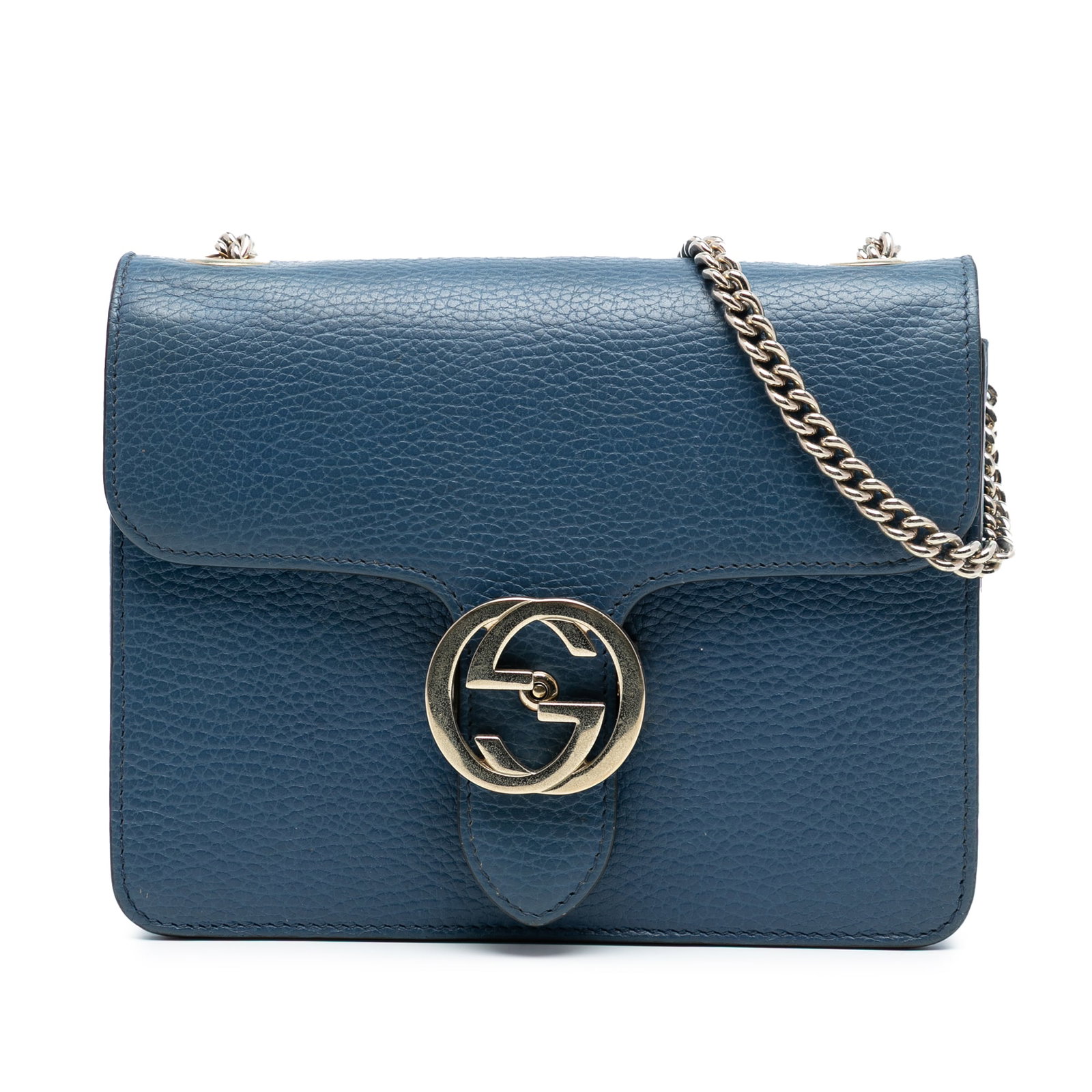 Gucci Interlocking G Blue Leather Small Crossbody Bag with Chain Strap: Gucci Interlocking G Blue Leather Small Crossbody Bag with Chain Strap This Gucci crossbody bag is crafted from blue leather and features a chain-link shoulder strap with a leather guard, a front flap