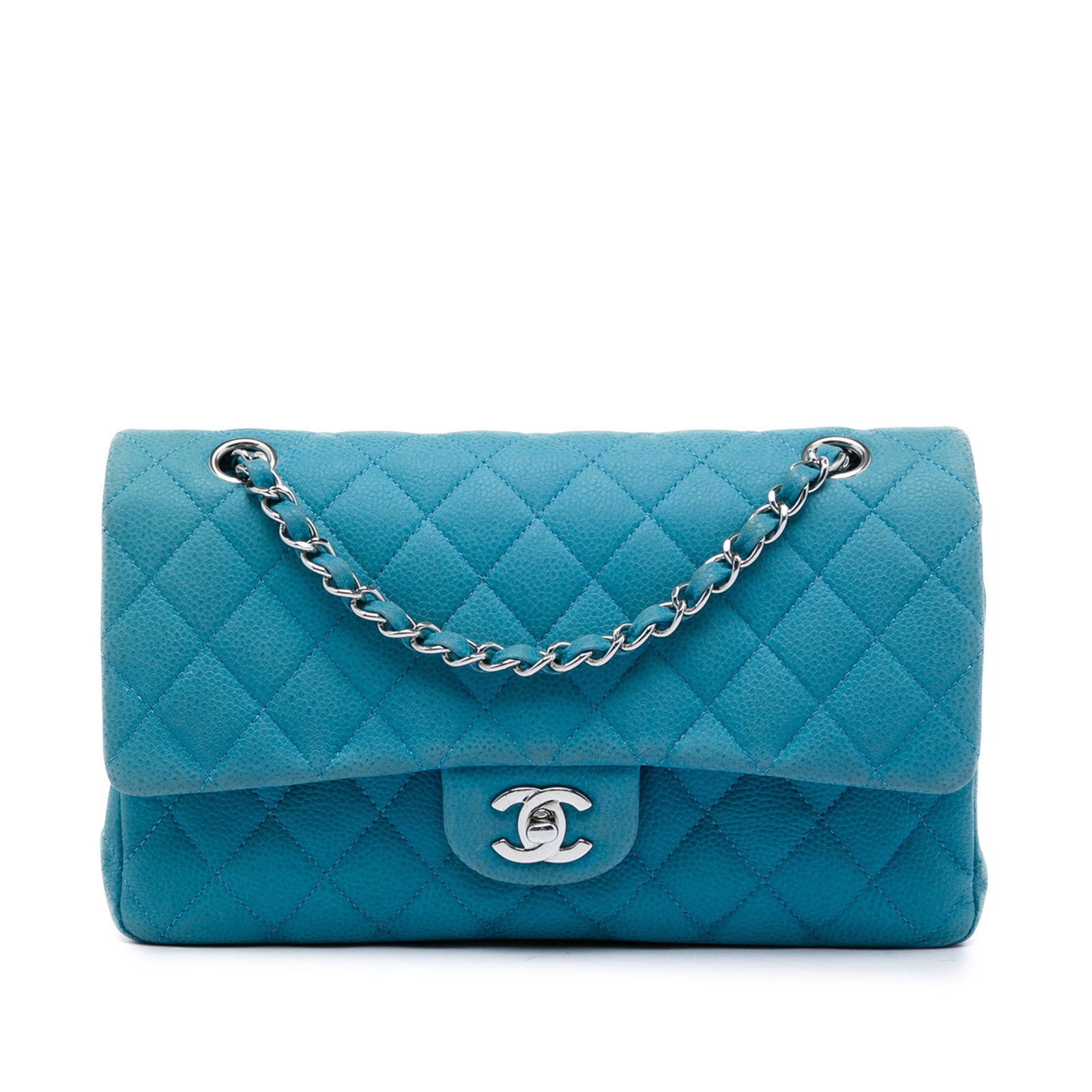 Chanel Medium Classic Double Flap Shoulder Bag Blue Caviar Leather: Chanel Medium Classic Double Flap Shoulder Bag Blue Caviar Leather Chanel Medium Classic Caviar Double Flap shoulder bag in blue quilted caviar leather. This bag features a leather-woven chain link st