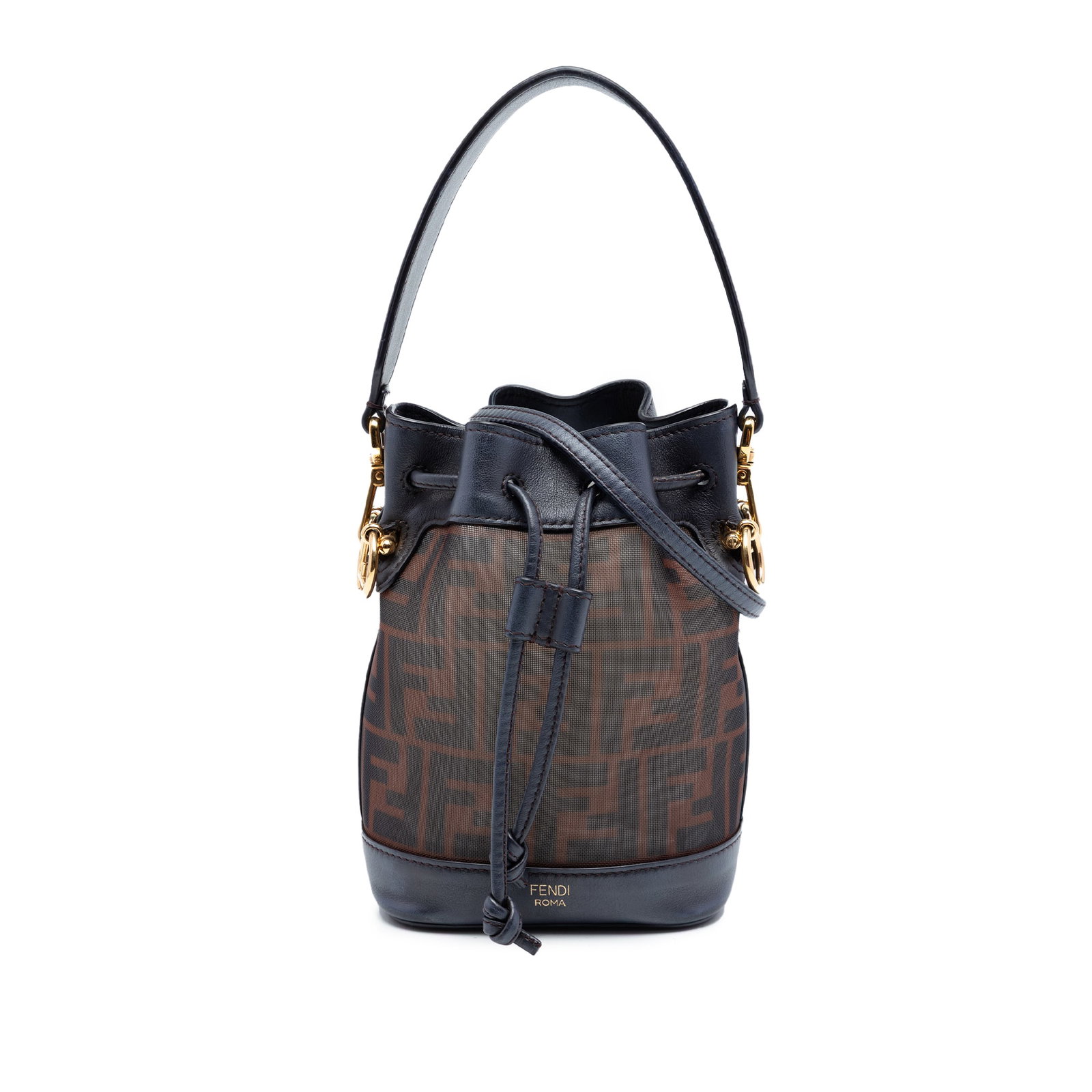 Fendi Mon Tresor Mini Bucket Bag in Brown Mesh and Calf Leather: Fendi Mon Tresor Mini Bucket Bag in Brown Mesh and Calf Leather Fendi Mon Tresor bucket bag in brown mesh with calf leather trim. This mini bag features a flat leather handle, a detachable flat leathe