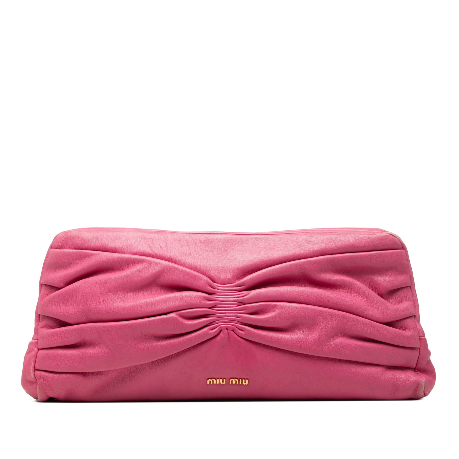 Miu Miu pink nappa leather frame clutch bag: Miu Miu pink nappa leather frame clutch bag Pleated nappa leather frame clutch in pink with a top clasp closure. The interior includes one zip pocket and one slip pocket. Condition is B+ with visible 