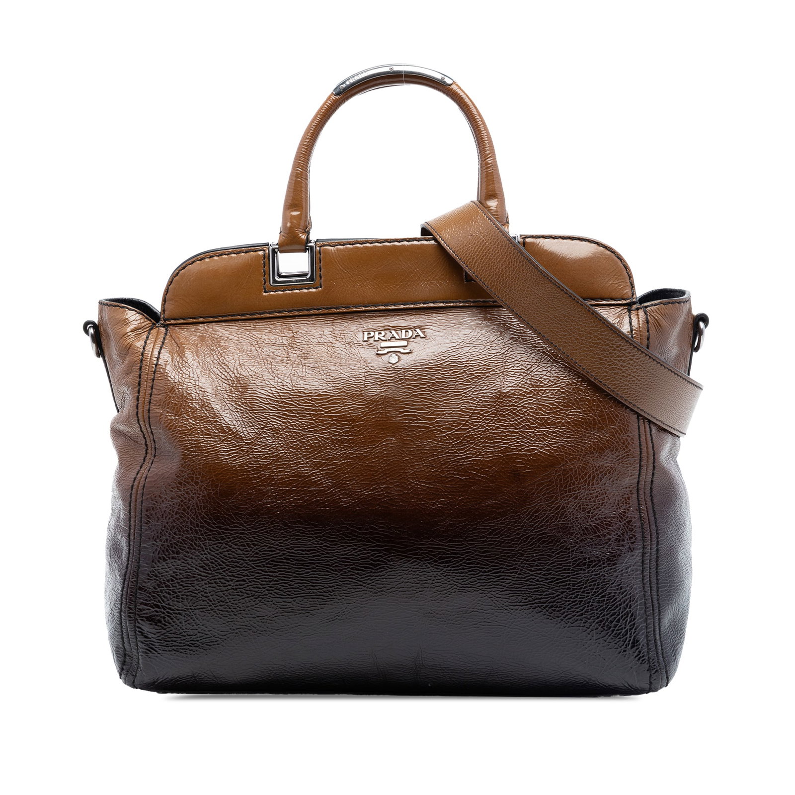 Prada Sfumato Vernice Naplak Leather Satchel with Shoulder Strap: Prada Sfumato Vernice Naplak Leather Satchel with Shoulder Strap Prada Sfumato Vernice Naplak Frame Satchel in brown crinkled patent leather. This satchel features rolled handles, a detachable flat sh