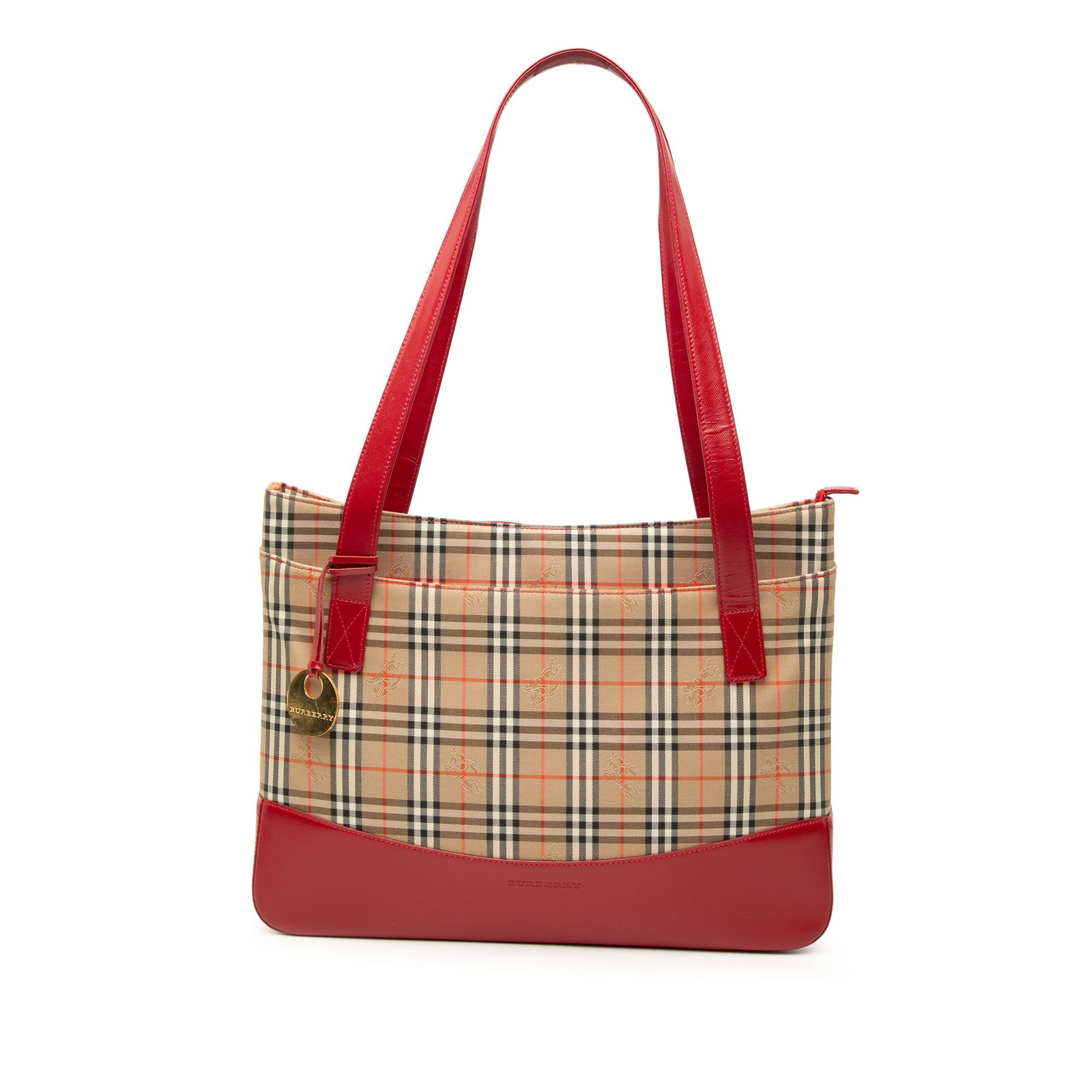 Burberry Haymarket Check Tote Bag in Canvas with Leather Trim: Burberry Haymarket Check Tote Bag in Canvas with Leather Trim Burberry Haymarket Check canvas tote with leather trim and flat leather straps. The bag features a top zip closure, an exterior front zip 