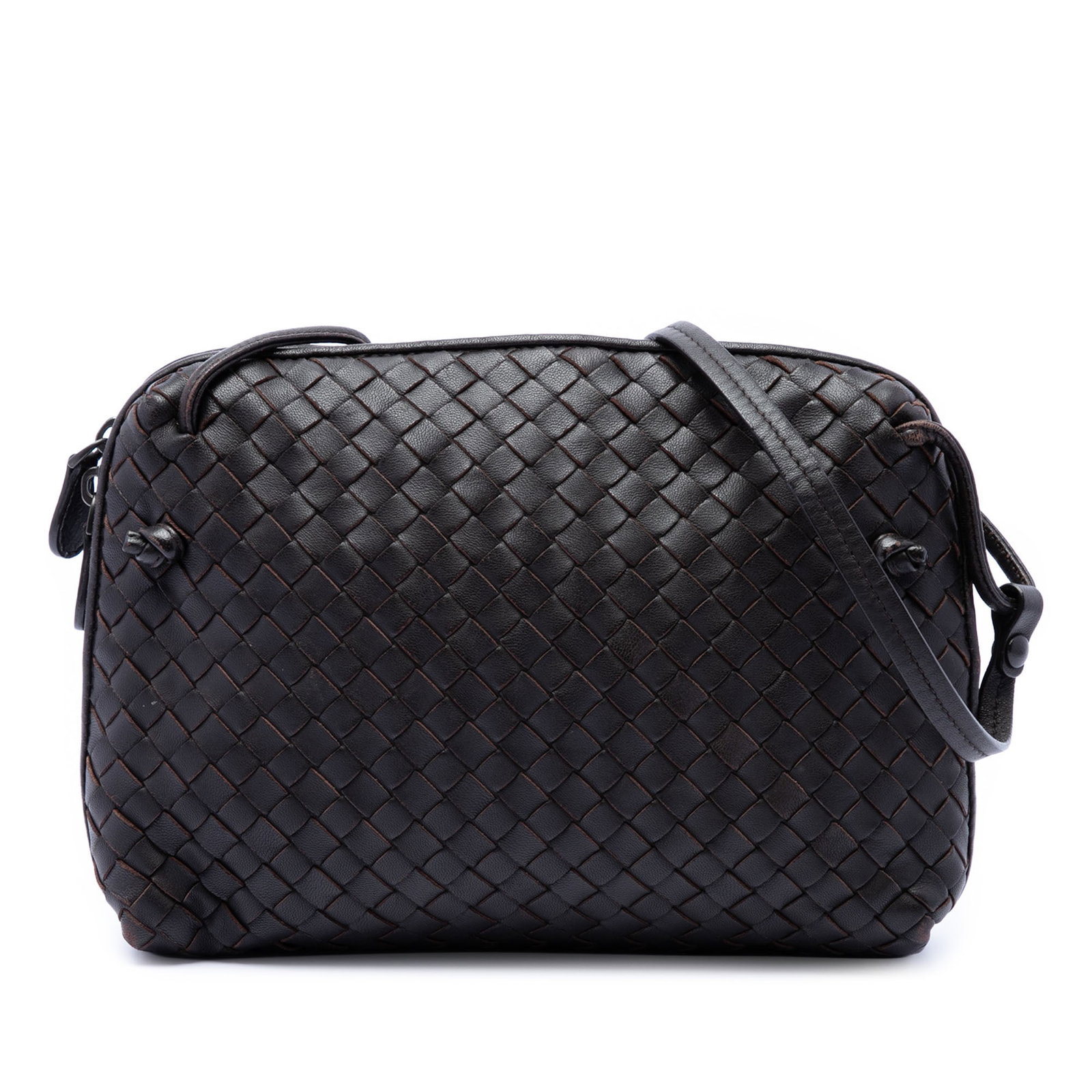 Bottega Veneta Nodini Intrecciato Leather Crossbody Bag Brown: Bottega Veneta Nodini Intrecciato Leather Crossbody Bag Brown Bottega Veneta Nodini crossbody bag crafted in brown nappa intrecciato leather. This crossbody style features a flat leather strap, a two-
