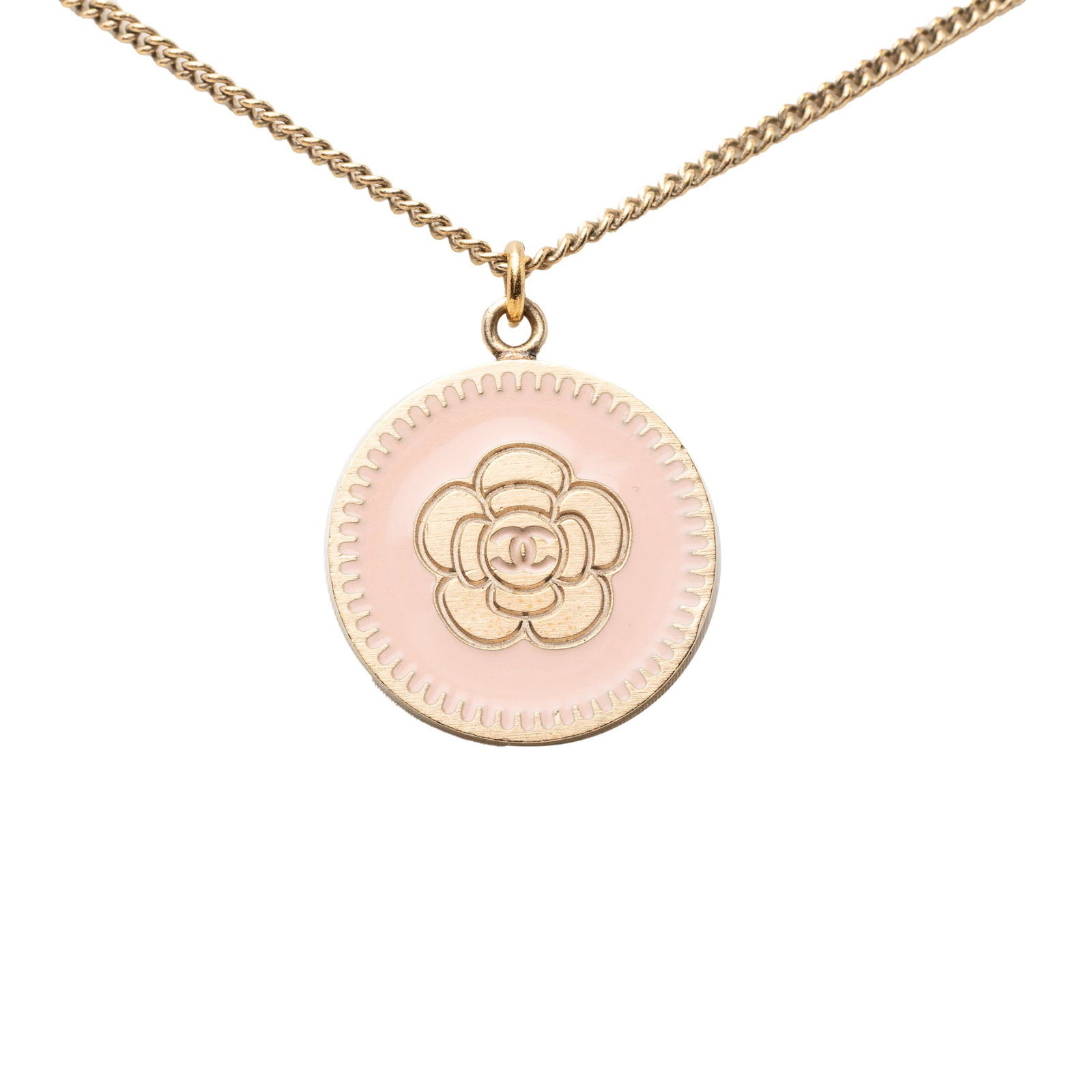 Chanel Camellia CC Round Pendant Necklace Gold Plated Enamel: Chanel Camellia CC Round Pendant Necklace Gold Plated Enamel Chanel round pendant necklace featuring the CC Camellia motif with enamel detailing. This costume jewelry piece has a gold plated metal pen