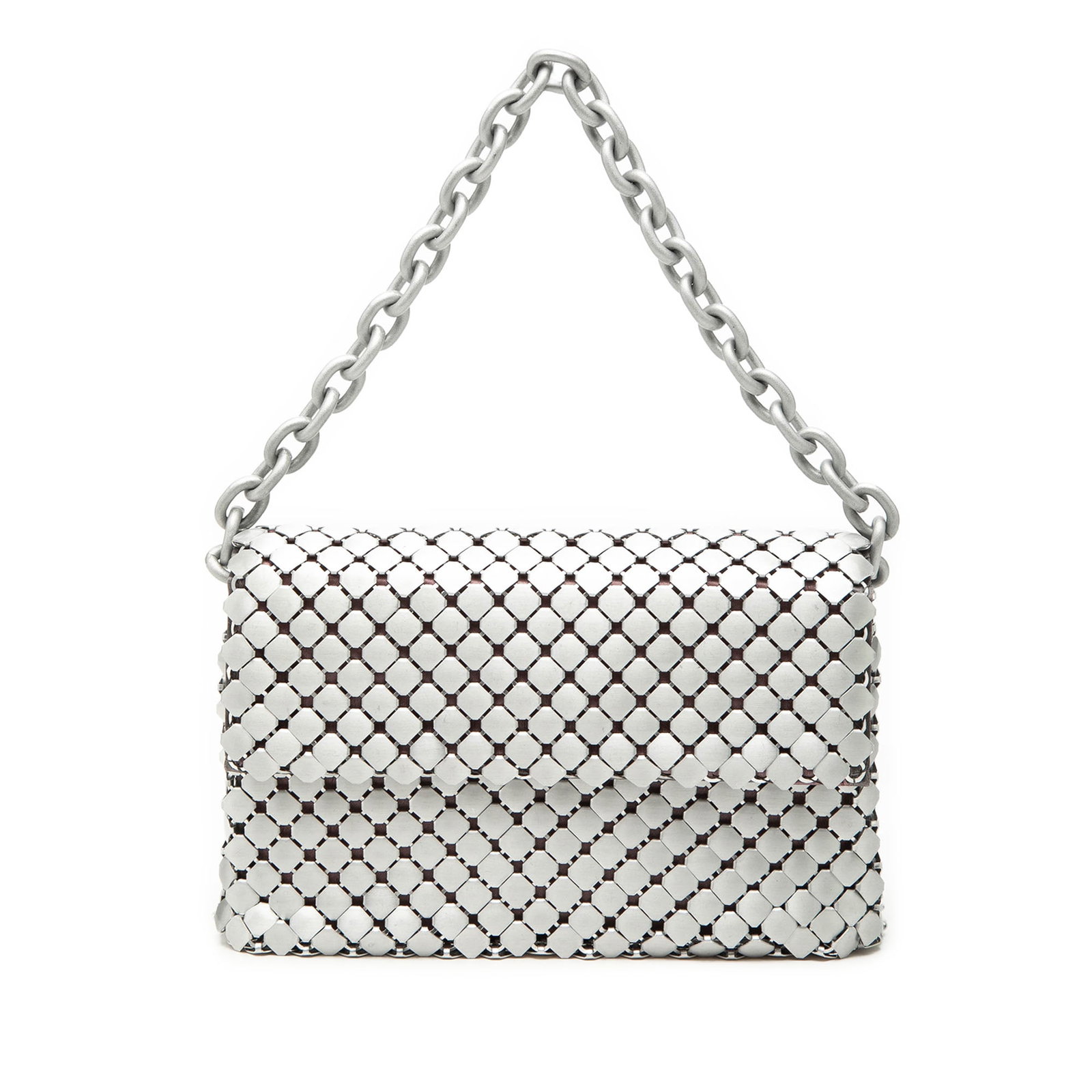 Bottega Veneta silver metal mini Intrecciato chain handle bag: Bottega Veneta silver metal mini Intrecciato chain handle bag This Bottega Veneta Mini Metal Intrecciato Handbag is crafted in Italy and features a silver plated metal body with the signature intrecci