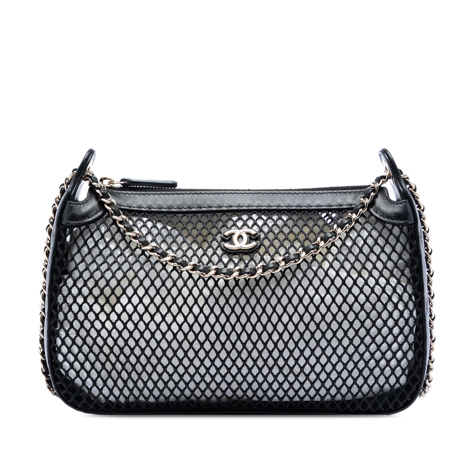 Chanel CC Chain Clutch in Black Mesh and Lambskin: Chanel CC Chain Clutch in Black Mesh and Lambskin This Chanel shoulder bag features a mesh and shiny lambskin body with leather-woven chain straps, a top zip closure, and a zip pouch inclusion. It is 