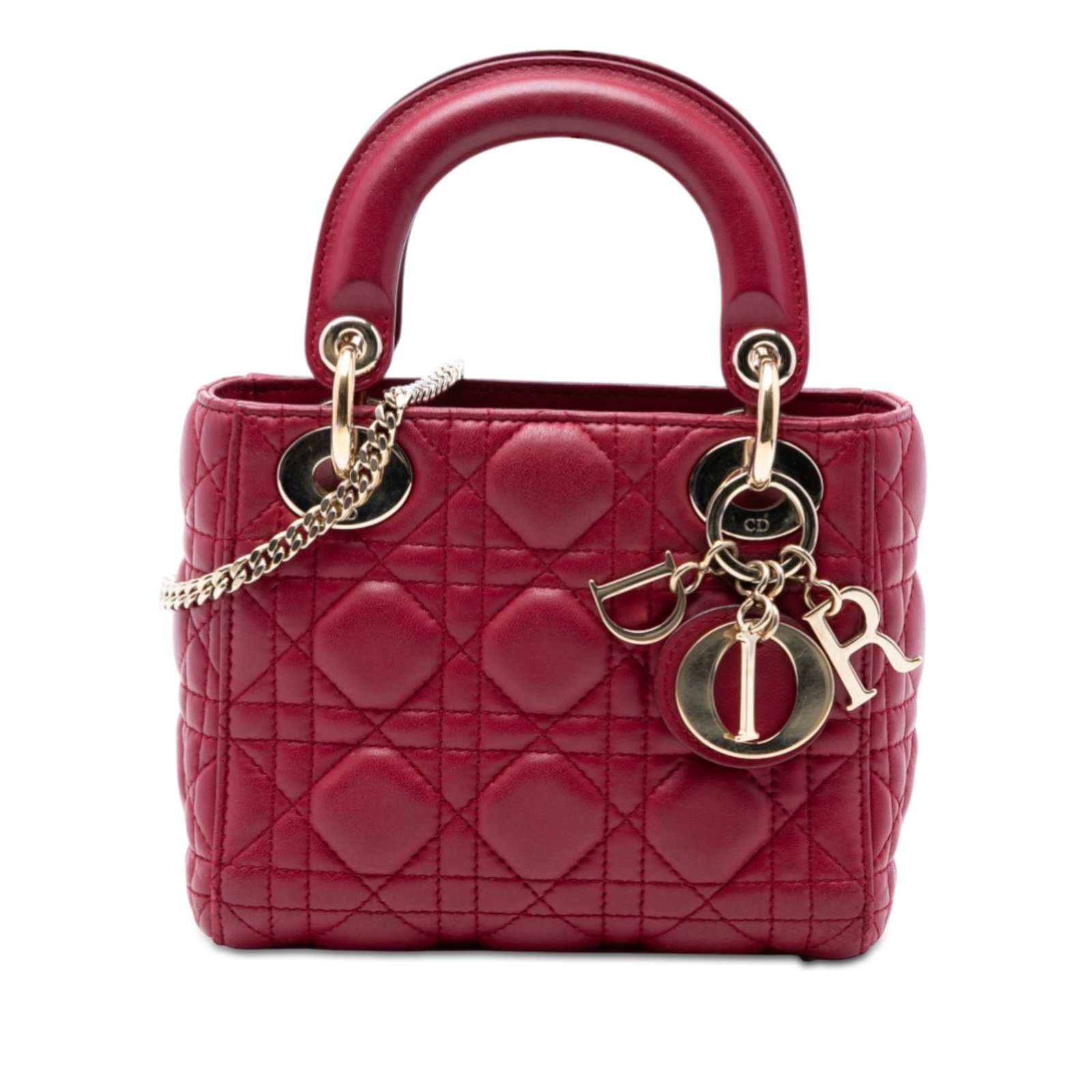 Dior Mini Lady Dior red lambskin quilted bag: Dior Mini Lady Dior red lambskin quilted bag This Mini Lady Dior handbag is crafted from quilted lambskin leather in red and features flat leather top handles, a detachable curb chain shoulder strap w