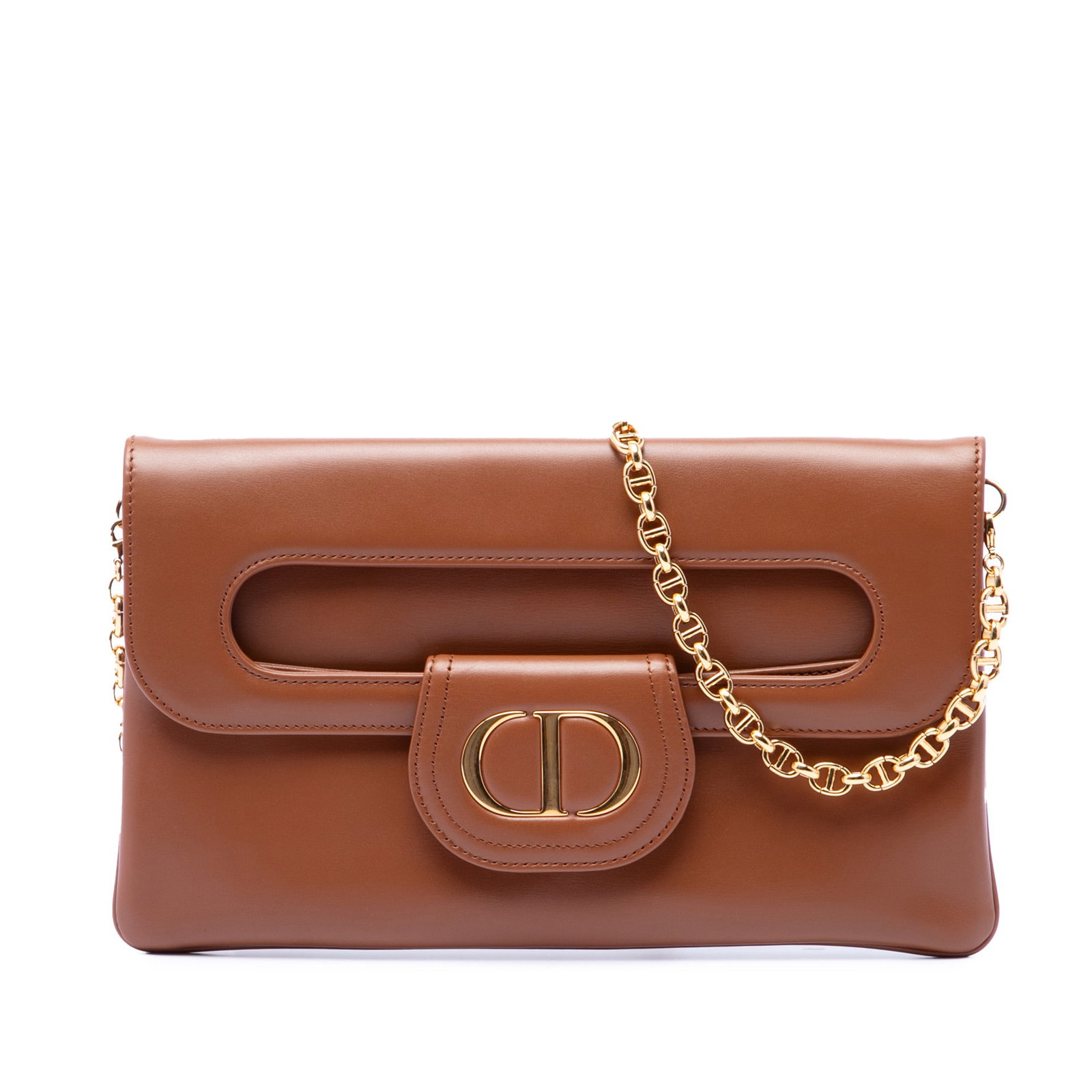 Dior DiorDouble Medium Brown Calfskin Shoulder Bag: Dior DiorDouble Medium Brown Calfskin Shoulder Bag Medium DiorDouble chain bag in brown calfskin leather with a structured flap design, magnetic snap closure, top zip closure, flat back handle, detach