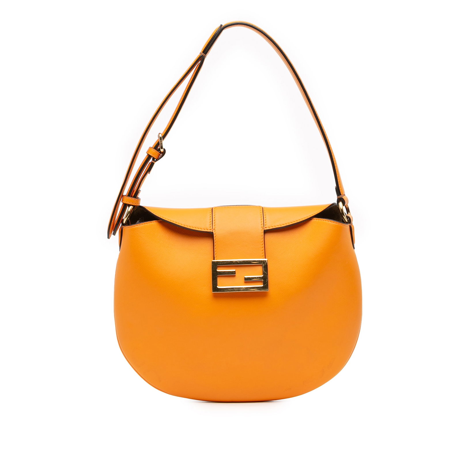 Fendi Small Leather Croissant Hobo Bag Orange with Gold FF Logo: Fendi Small Leather Croissant Hobo Bag Orange with Gold FF Logo Introducing the Fendi Small Leather Croissant Hobo Bag, a stylish and functional accessory crafted from high-quality leather. This hobo 