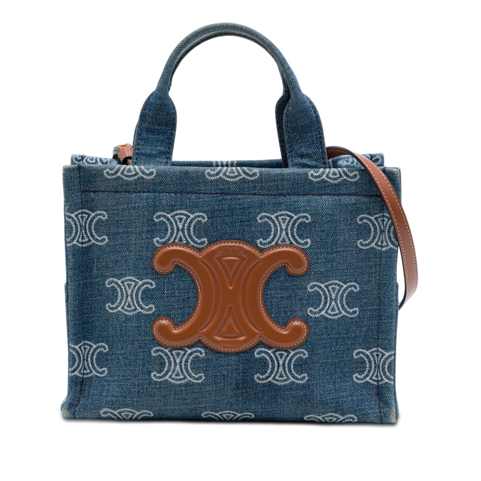 Celine Triomphe Cabas Thais Small Denim Tote Bag: Celine Triomphe Cabas Thais Small Denim Tote Bag Celine Small Denim Triomphe Cabas Thais Tote with a denim body, rolled denim handles, a detachable flat leather strap, an open top, and an interior sli