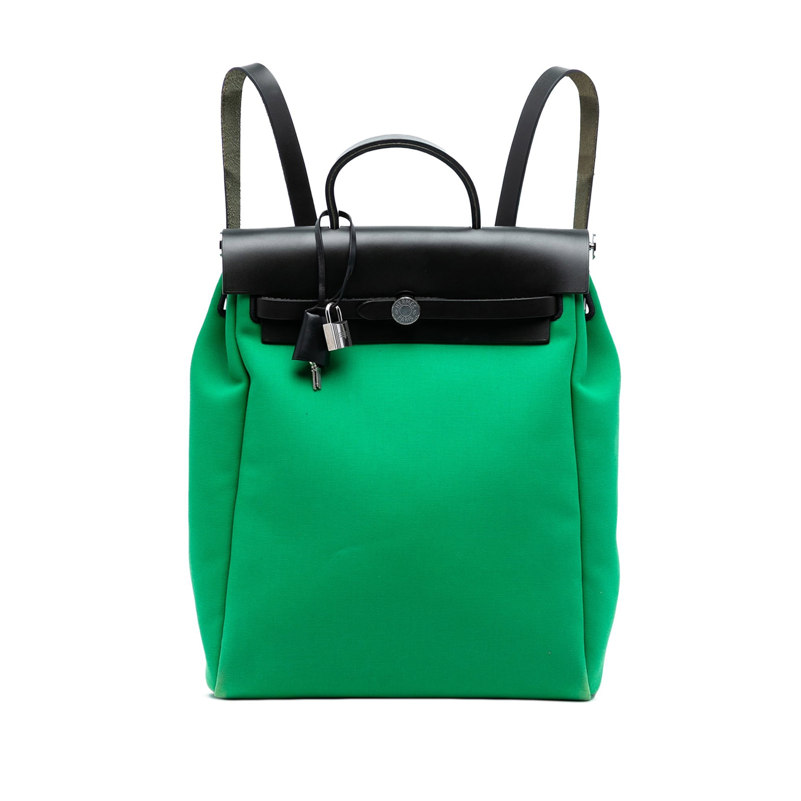 Hermes Herbag A Dos Zip Retourne Canvas and Leather Green Backpack: Hermes Herbag A Dos Zip Retourne Canvas and Leather Green Backpack The Hermes Toile Herbag A Dos Zip Retourne Backpack features a canvas body with a flat leather top handle and adjustable leather back