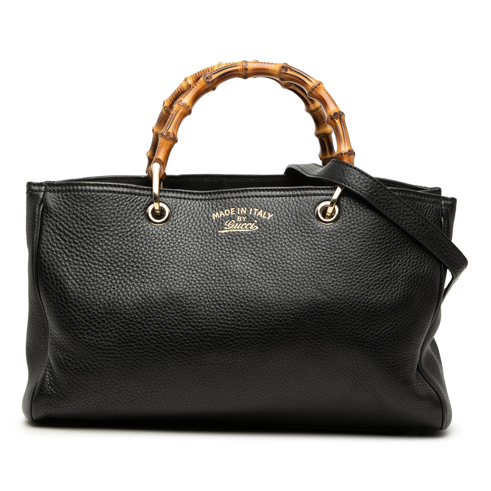 Gucci Bamboo Shopper Medium Black Calfskin Leather Satchel: Gucci Bamboo Shopper Medium Black Calfskin Leather Satchel Gucci Medium Calfskin Bamboo Shopper Satchel in black calf leather with bamboo top handles and a detachable flat leather strap. The bag featu