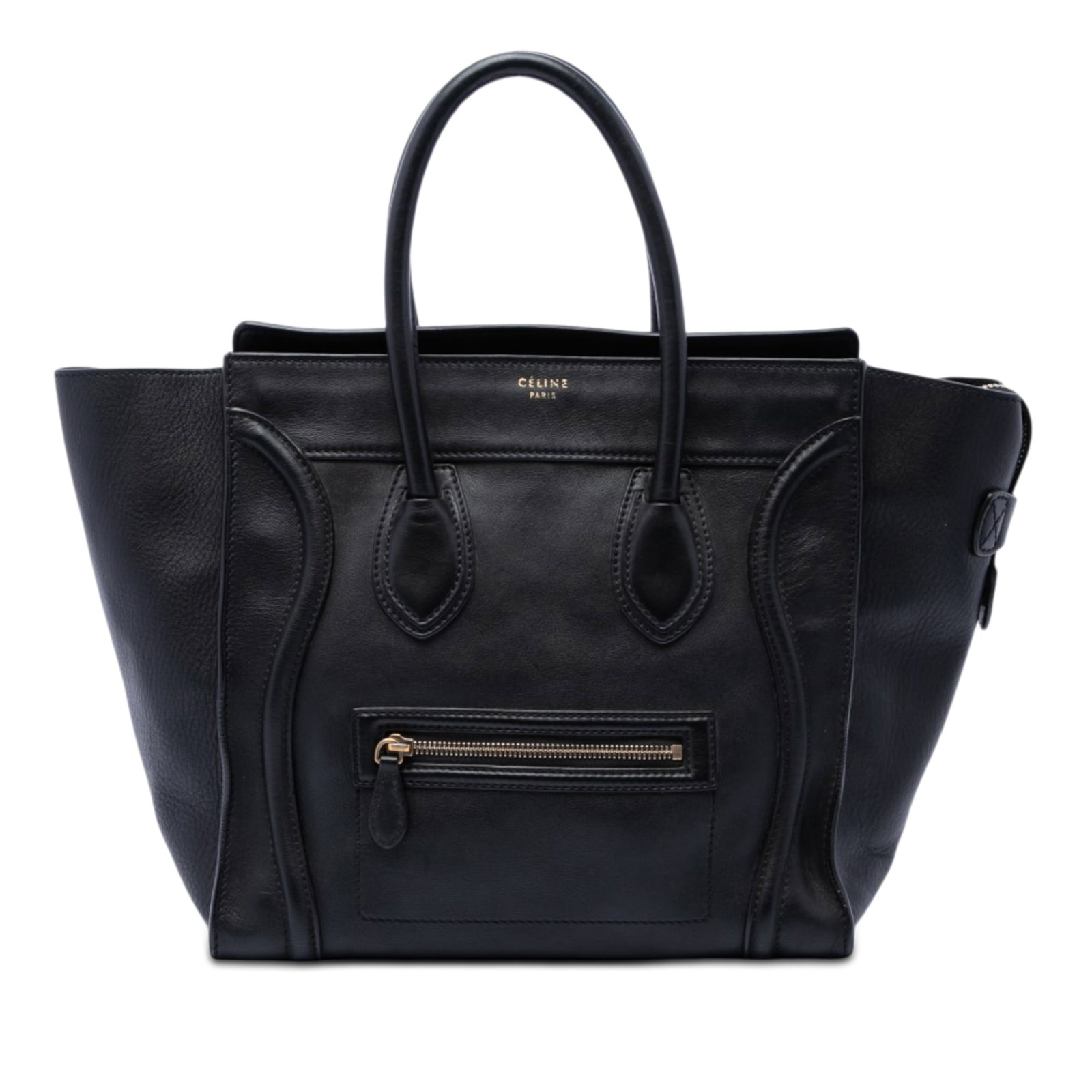 Celine Mini Luggage black leather tote bag: Celine Mini Luggage black leather tote bag Celine Mini Luggage Tote in black leather with rolled top handles, a top zip closure, and the signature exterior front zip pocket. The interior includes zip 