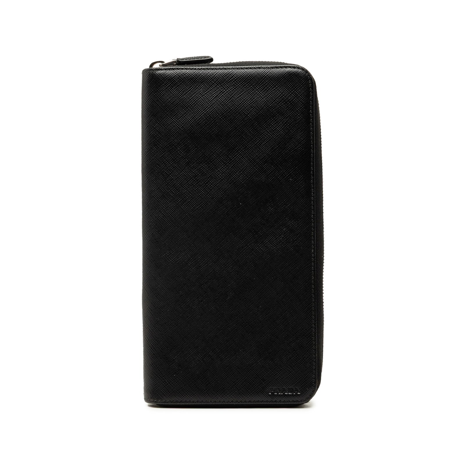 Prada Saffiano Black Leather Zip Around Long Wallet: Prada Saffiano Black Leather Zip Around Long Wallet Prada Saffiano Zip Around Long Wallet in black leather with a zip-around closure and an interior featuring zip and slip compartments. Made in Italy.