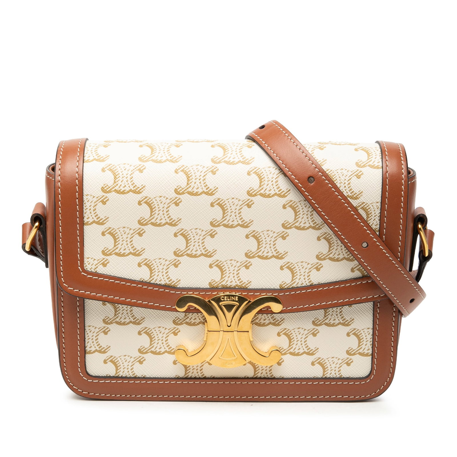 Celine Teen Triomphe Crossbody Bag Coated Canvas Calfskin White: Celine Teen Triomphe Crossbody Bag Coated Canvas Calfskin White Teen Triomphe crossbody bag in coated canvas with calfskin trim, featuring an adjustable flat leather shoulder strap, a front flap with 
