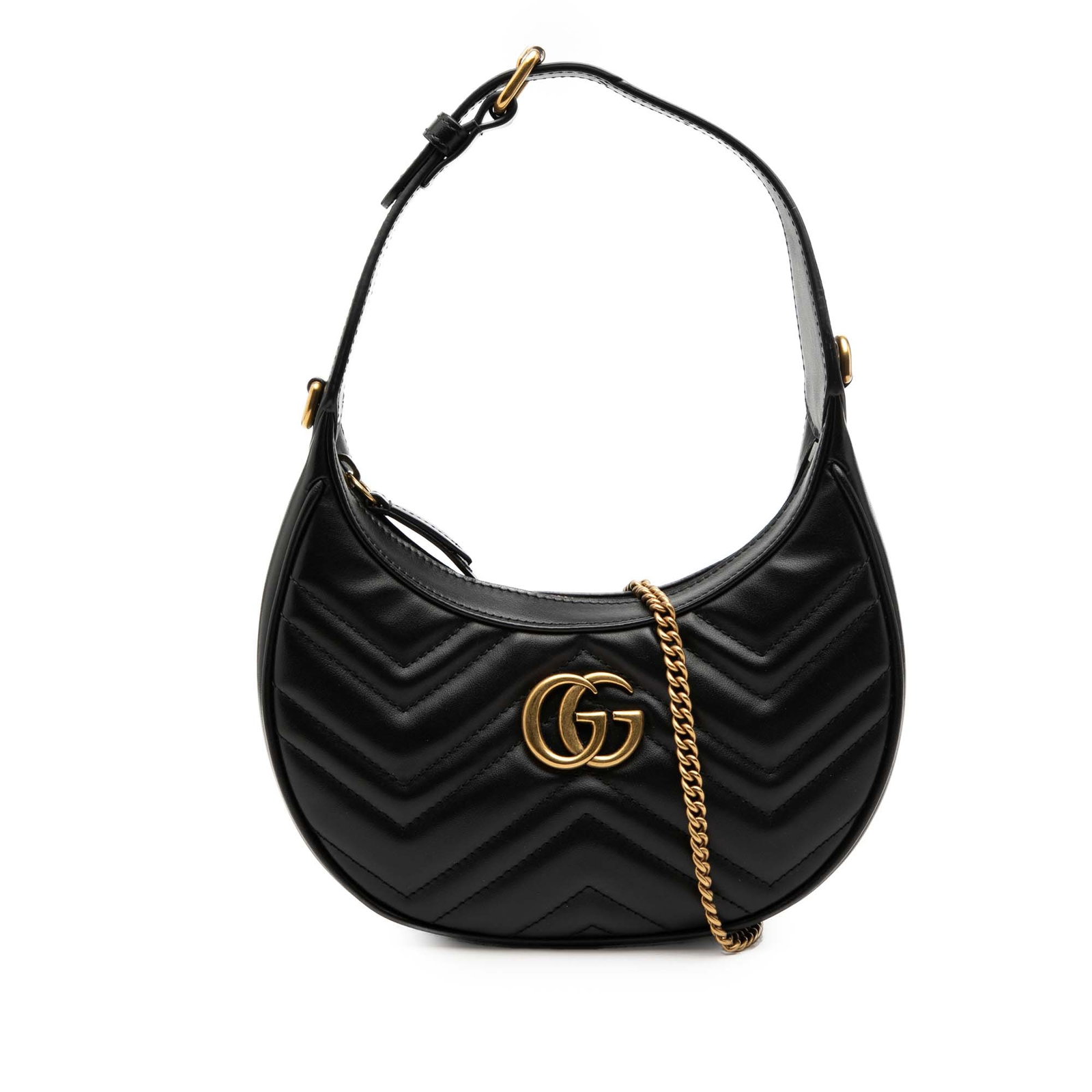 Gucci GG Marmont Mini Half Moon Leather Shoulder Bag: Gucci GG Marmont Mini Half Moon Leather Shoulder Bag Gucci Mini GG Marmont Matelasse Calfskin Half Moon Bag in black quilted leather. This bag features a flat leather handle, a detachable chain link s