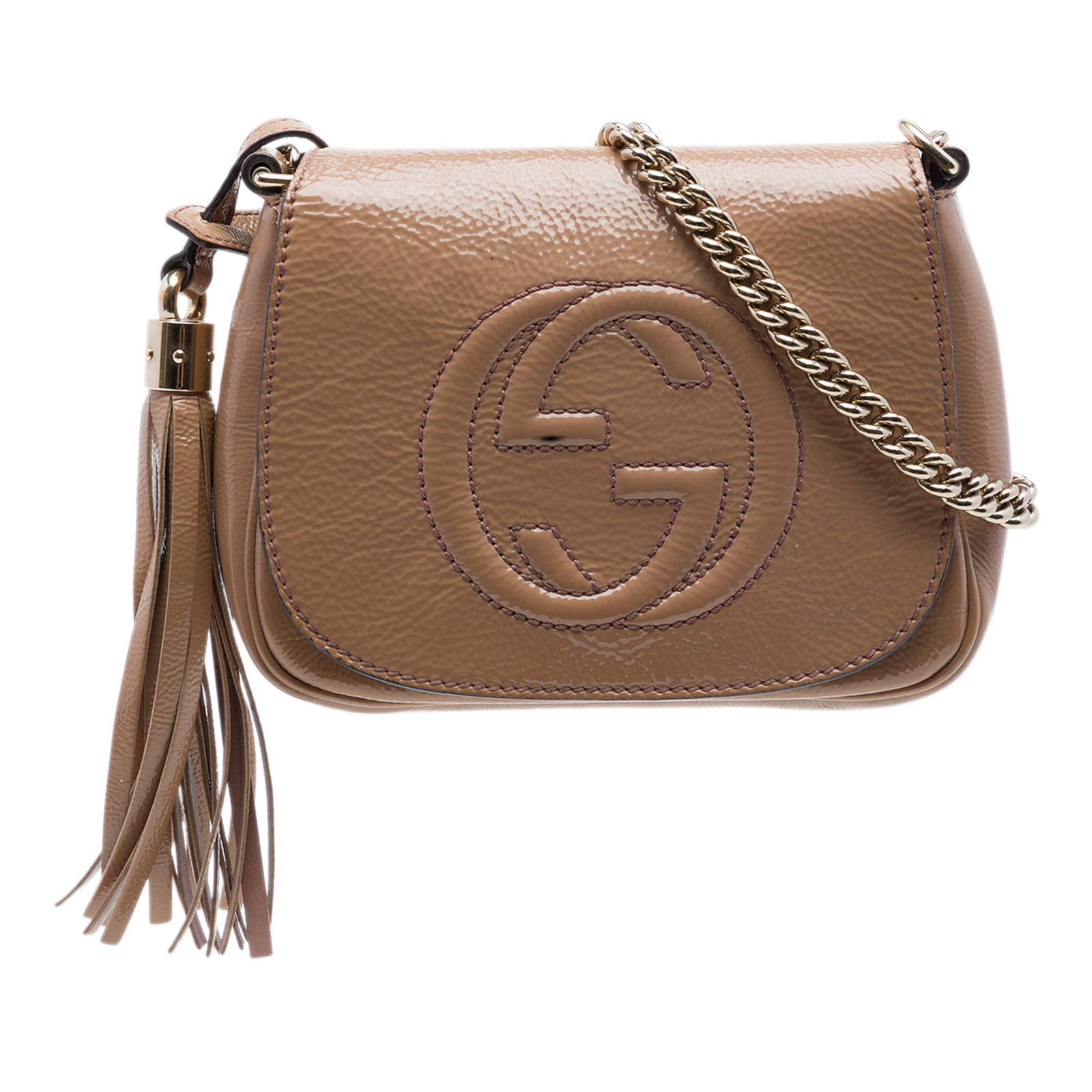 Gucci Soho Chain Flap Small Patent Leather Crossbody Bag: Gucci Soho Chain Flap Small Patent Leather Crossbody Bag Gucci Small Patent Soho Chain Flap Crossbody in brown patent leather with a chain link shoulder strap, front flap with magnetic snap closure, a