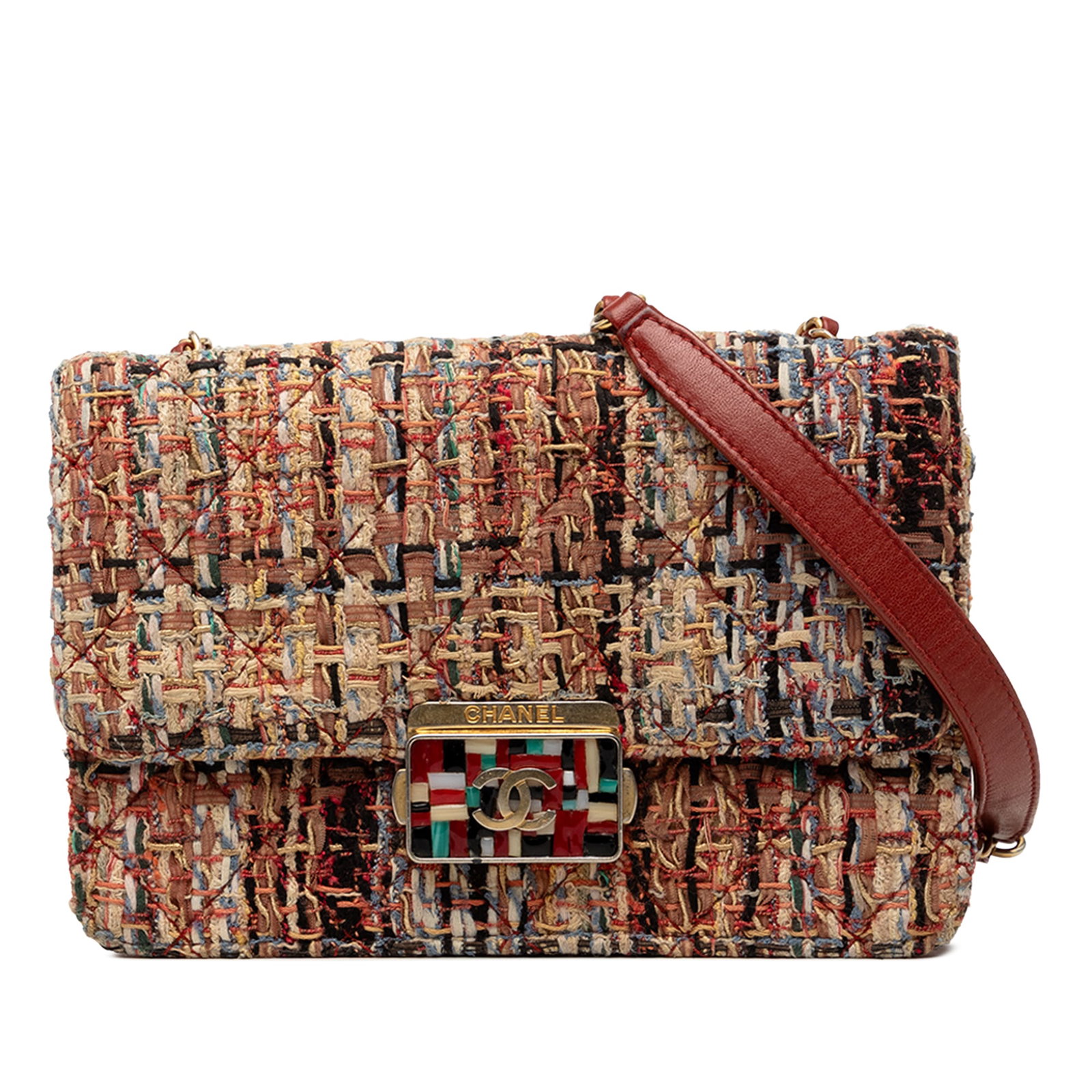 Chanel Beauty Lock Mini Flap Bag in Brown Quilted Tweed: Chanel Beauty Lock Mini Flap Bag in Brown Quilted Tweed Chanel Mini Quilted Tweed Beauty Lock Flap bag in brown. This flap bag features a quilted tweed body, a leather-woven chain strap with leather g
