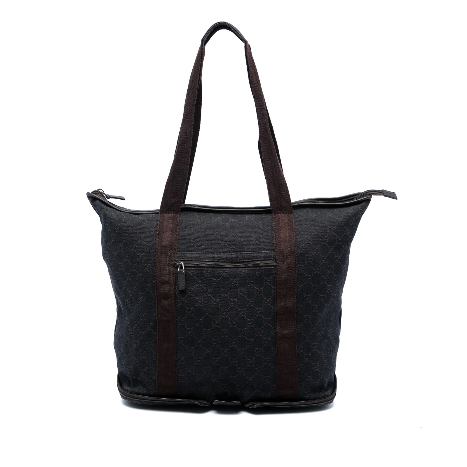 Gucci GG Denim Tote Bag Blue Fabric Zip Top: Gucci GG Denim Tote Bag Blue Fabric Zip Top Gucci GG Denim Tote in blue fabric with a zip-top closure, flat straps, and an exterior front zip pocket. Made in Italy, this tote shows visible wear consis