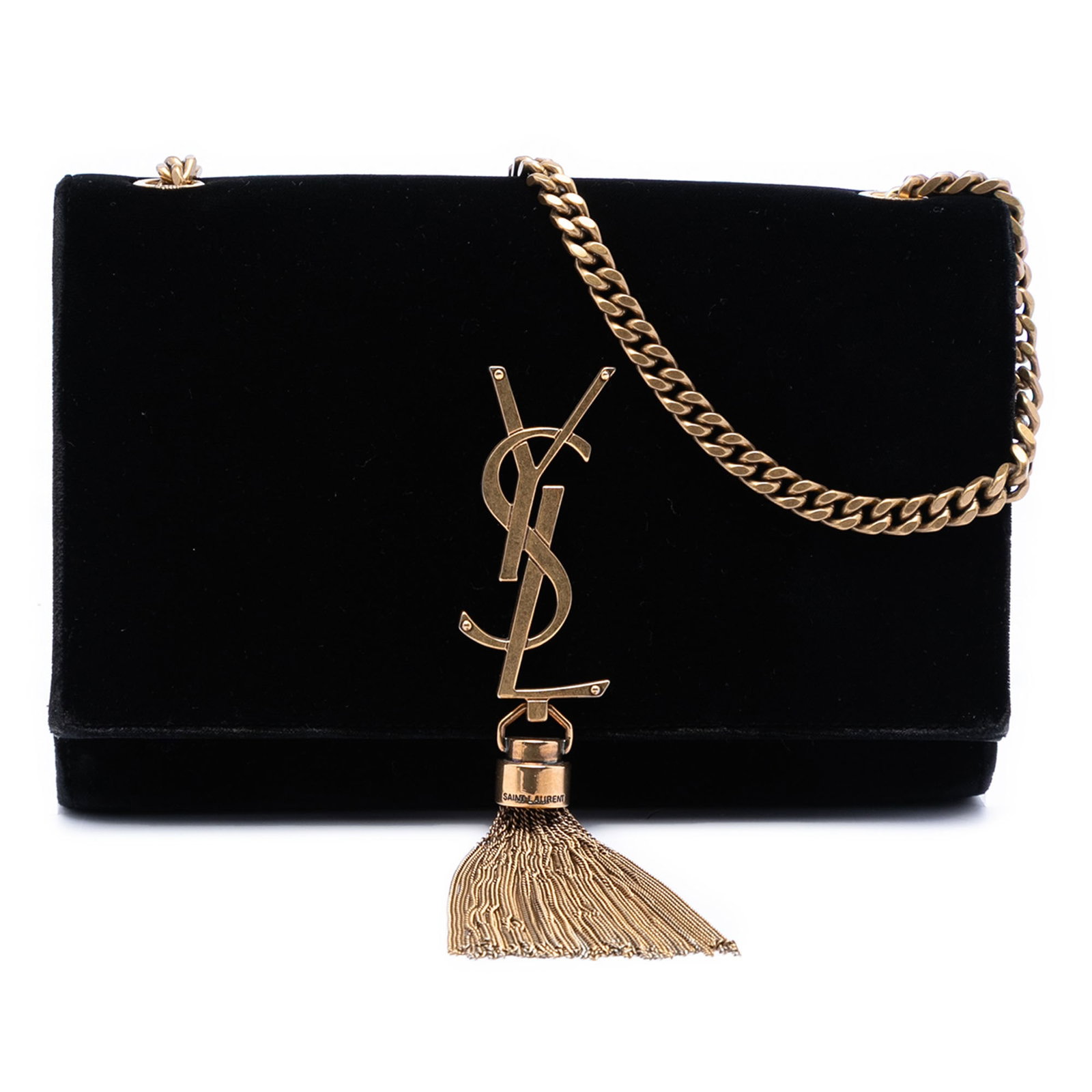 Saint Laurent Kate suede crossbody bag tassel chain black: Saint Laurent Kate suede crossbody bag tassel chain black This Saint Laurent Small Suede Monogram Kate Tassel Crossbody features a black suede leather body with a chain link shoulder strap and a front